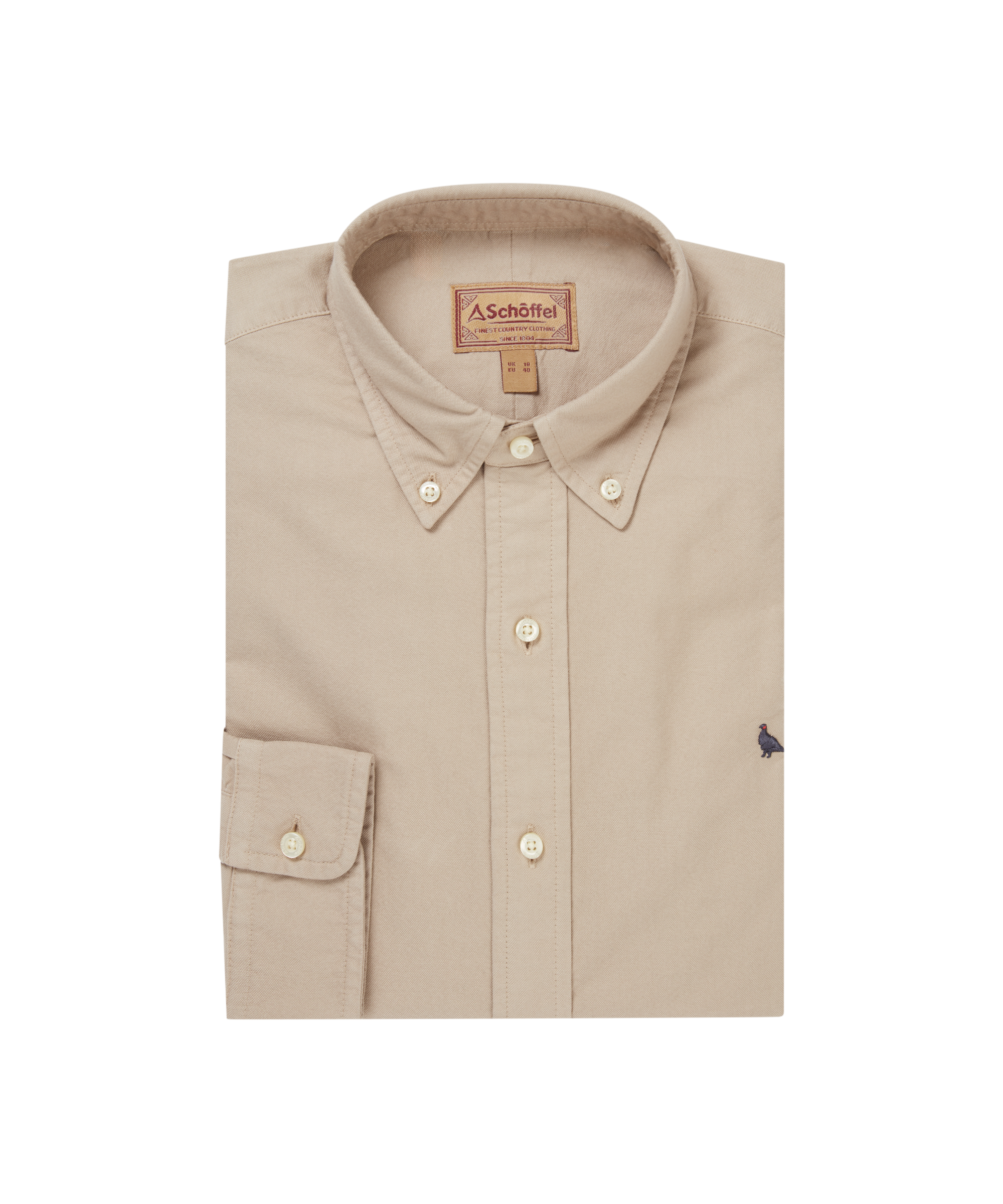 Beige button-up shirt with a brand label on a white background