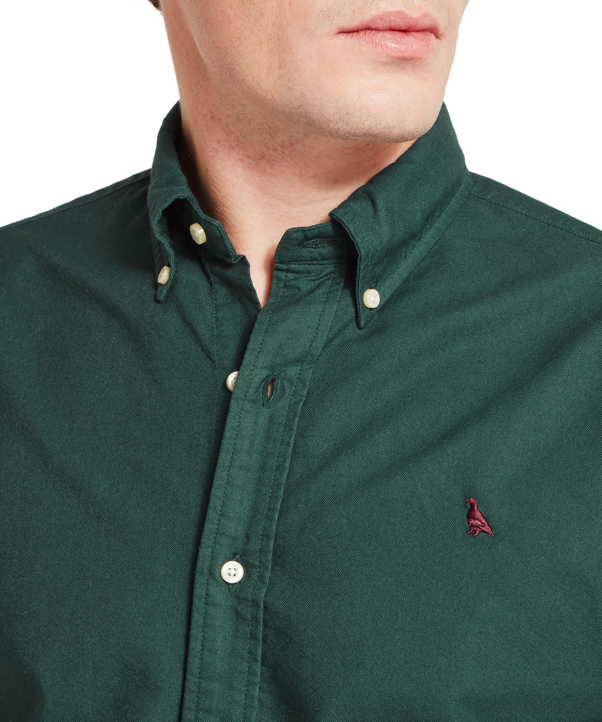 Schöffel Men's Cavendish Oxford Shirt in Green — close-up of button-down collar, embroidered Schöffel grouse logo and oxford weave fabric texture