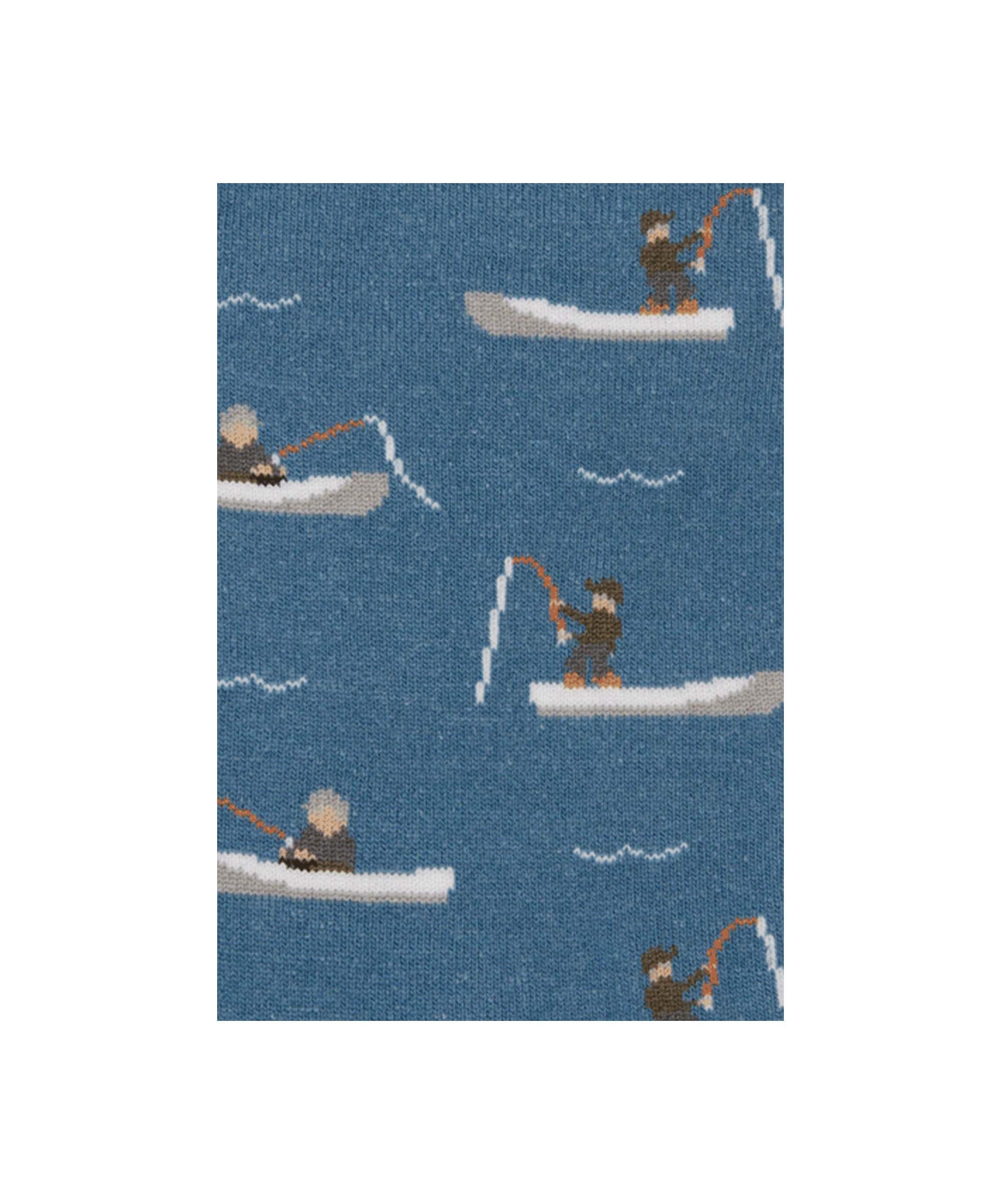 Schöffel Men's Cotton Sock in Light Blue with fishing boat novelty pattern close-up detail.