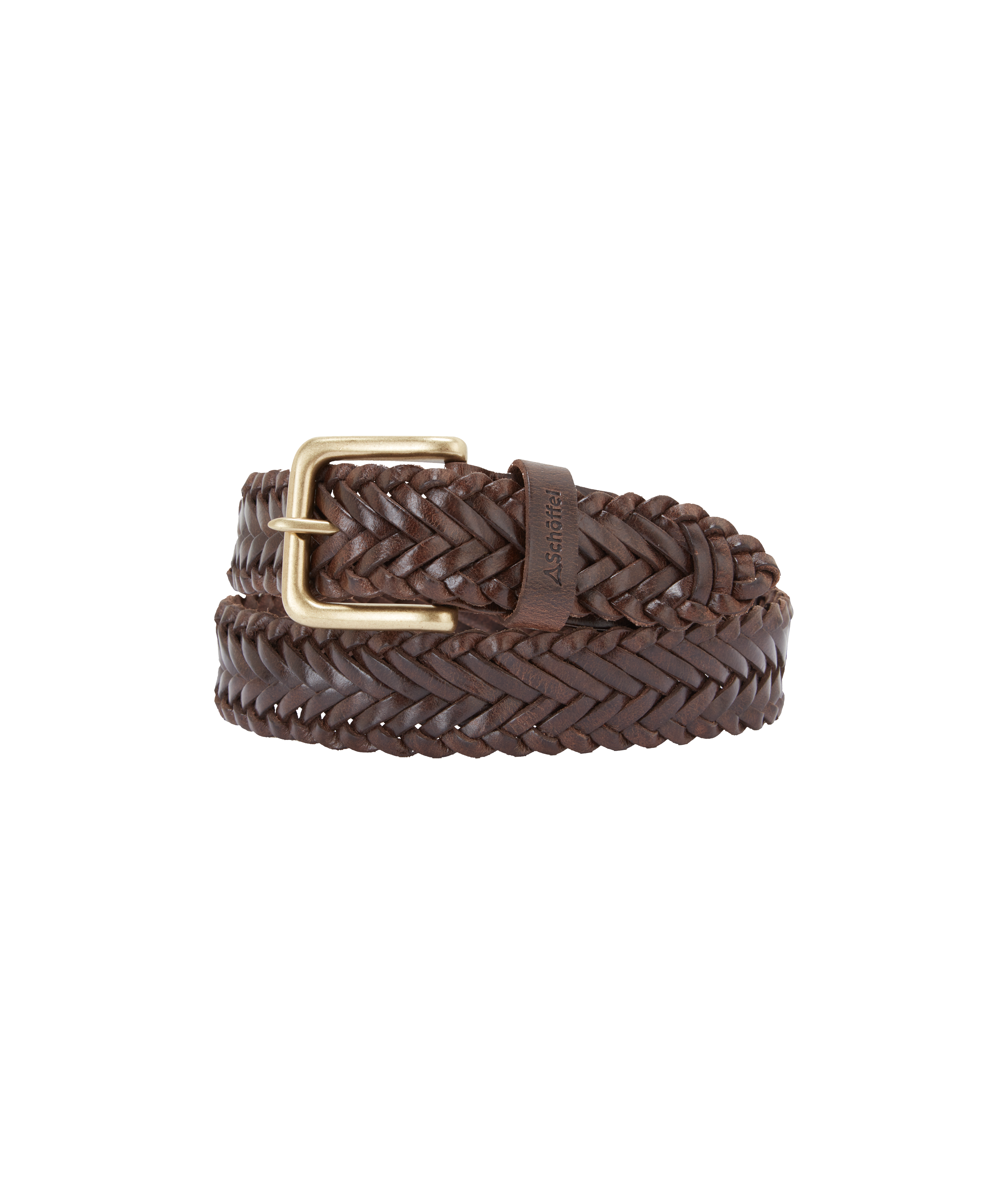 Brown braided belt with a gold buckle on a white background
