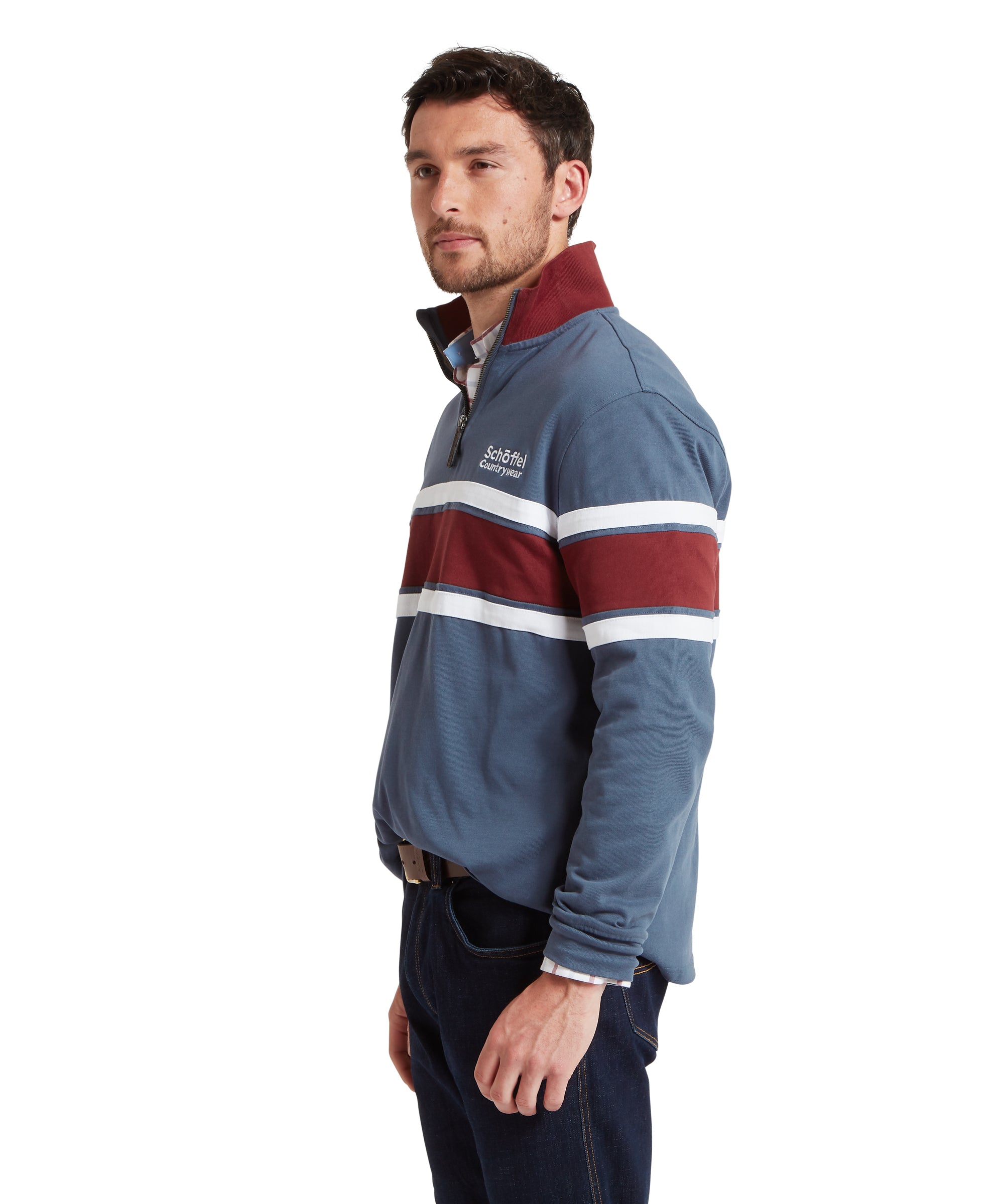 Man wearing a blue and red striped sweatshirt with a visible brand logo on a white background