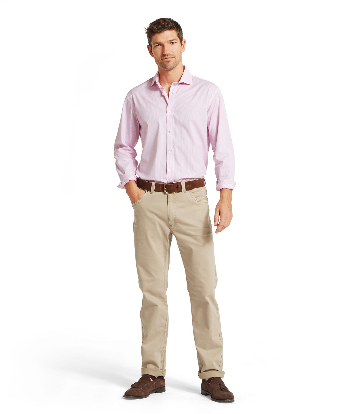 Schöffel Men's Greenwich Tailored Shirt in Pink — full-length front view styled with stone chinos