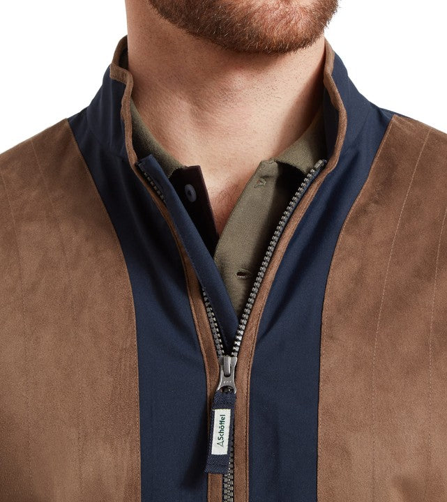 Close-up of Schöffel Men's Grimsthorpe Clay Shooting Jacket collar in navy blue