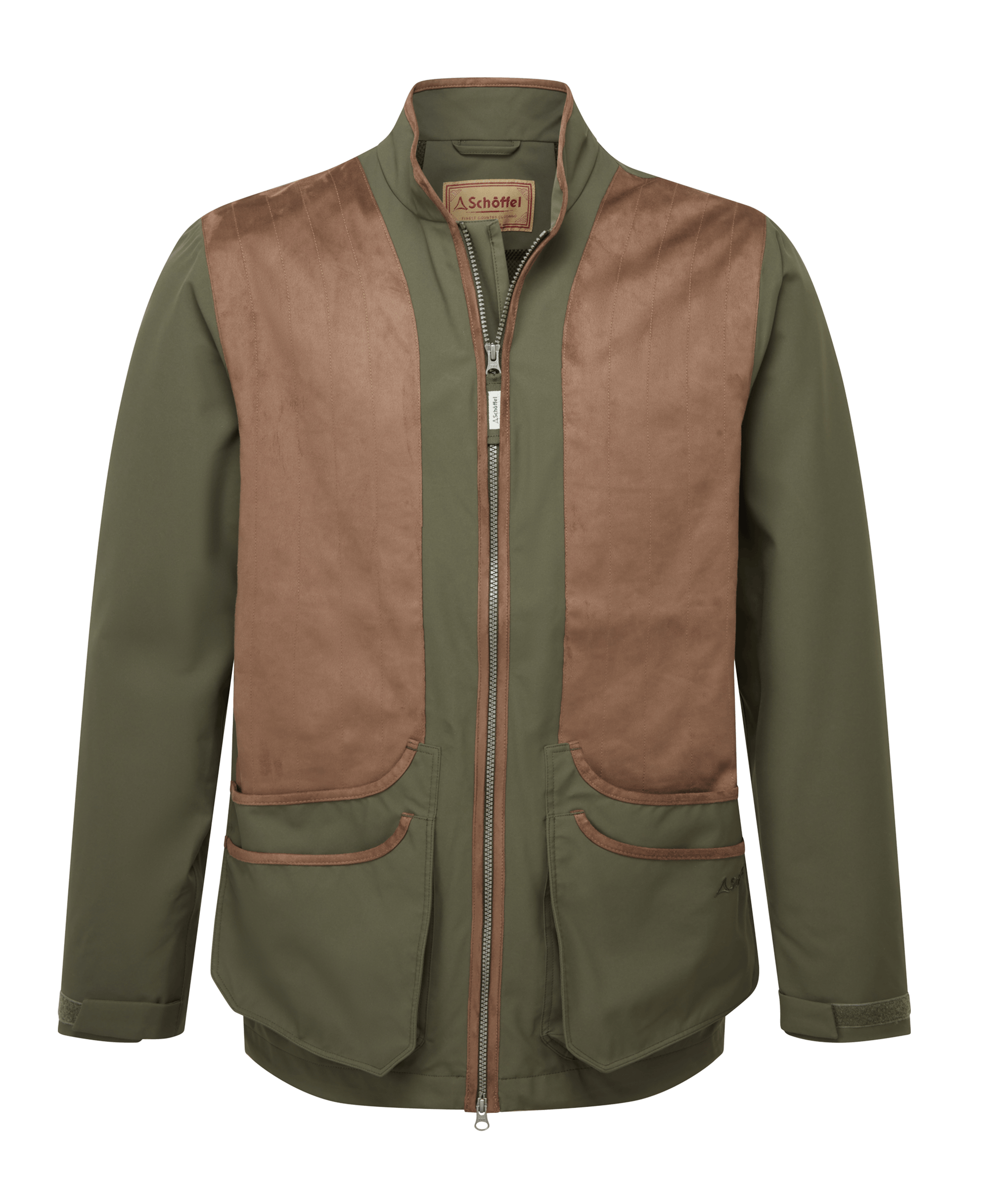 Schöffel men's full-zip shooting jacket in tan with suede shoulder and side patches, olive lower body and leather-trimmed flap pockets