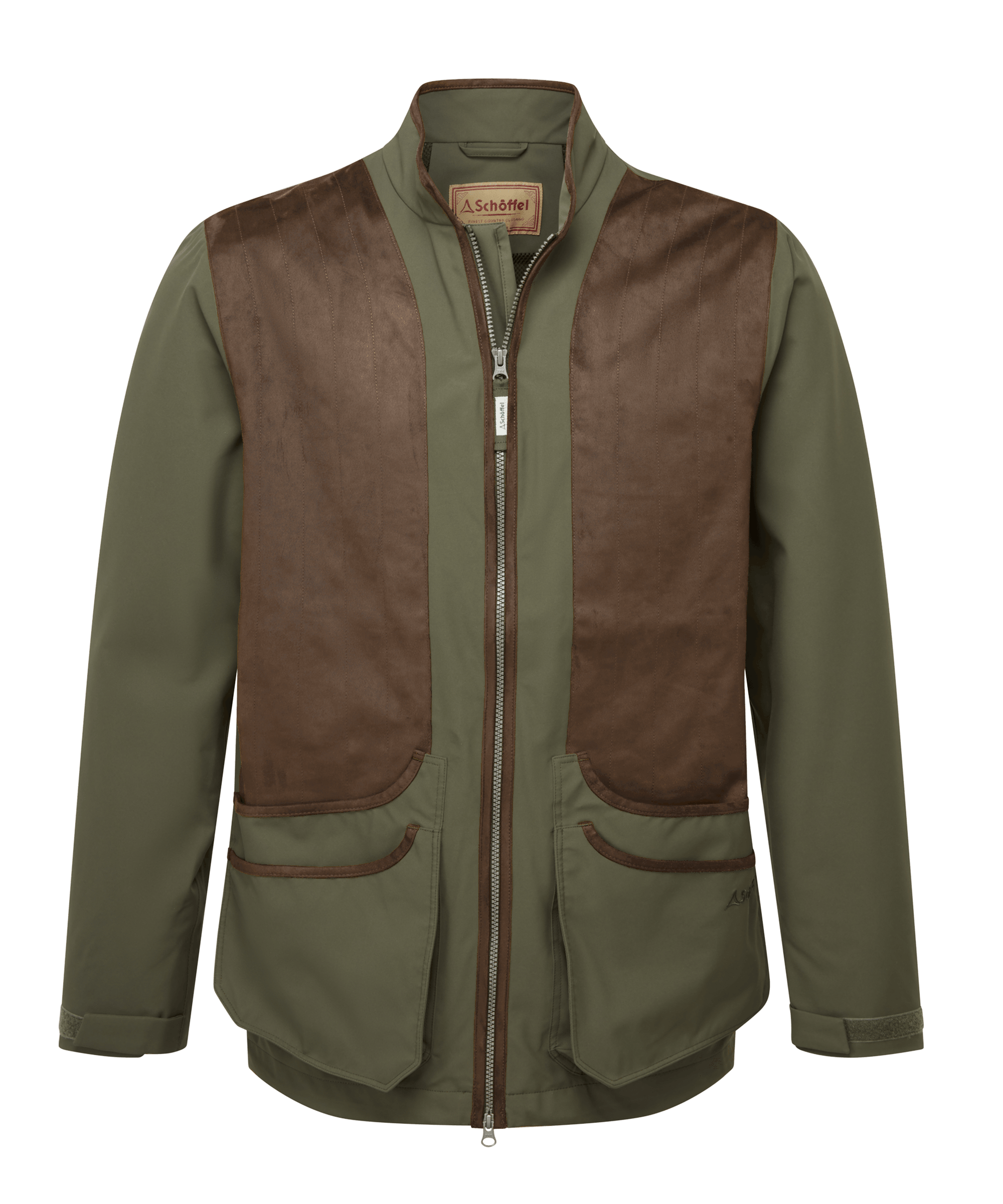 Schöffel Men's Grimsthorpe Clay Shooting Jacket in green with tan leather trim, cut out front view on transparent background.