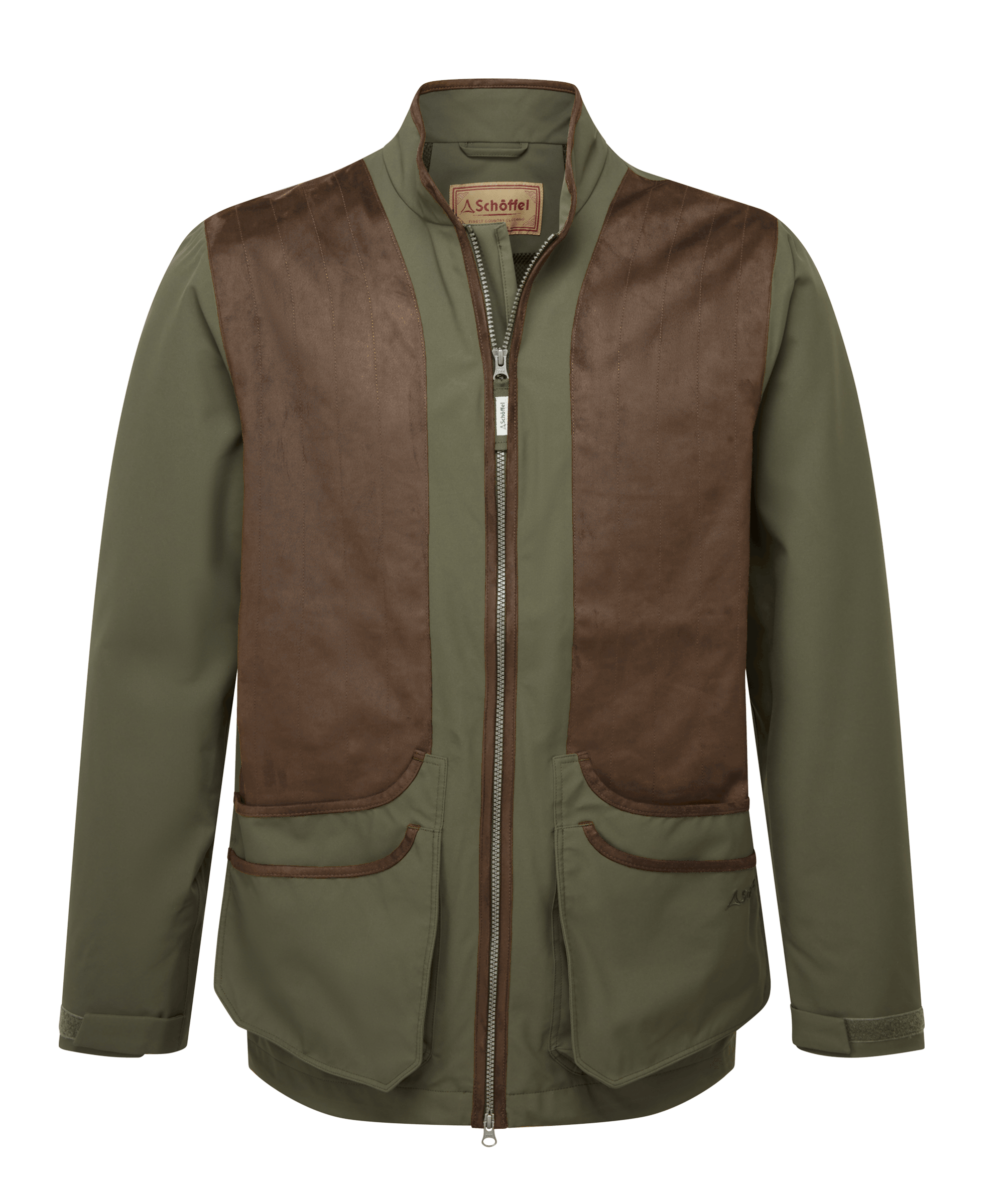 Schöffel Grimsthorpe Clay Shooting Jacket in Green - technical shooting jacket with leather-look shoulder and cartridge pockets, flat lay front view.