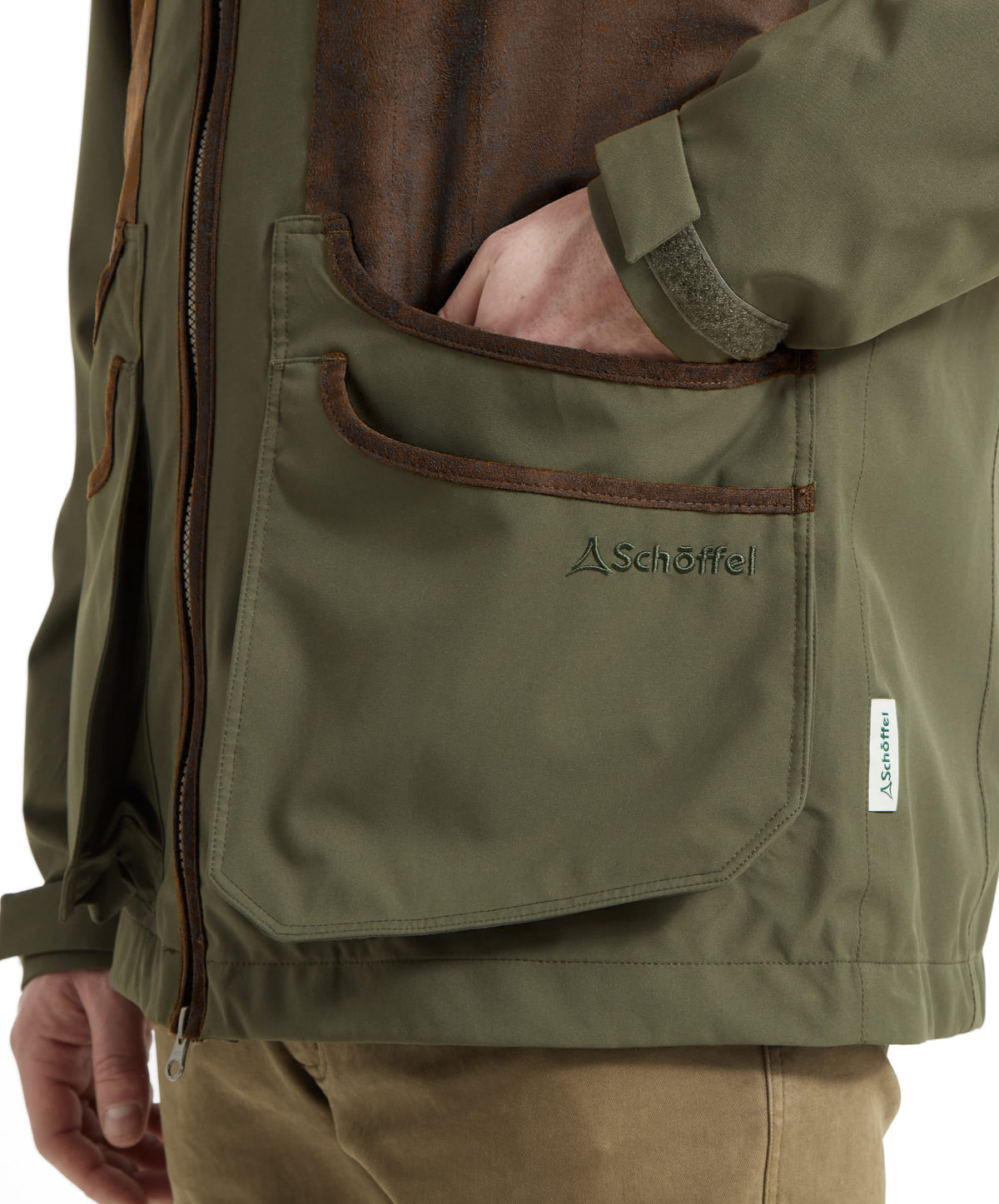 Grimsthorpe clay jacket forest in olive green with brown leather trim and branded chest pocket patch