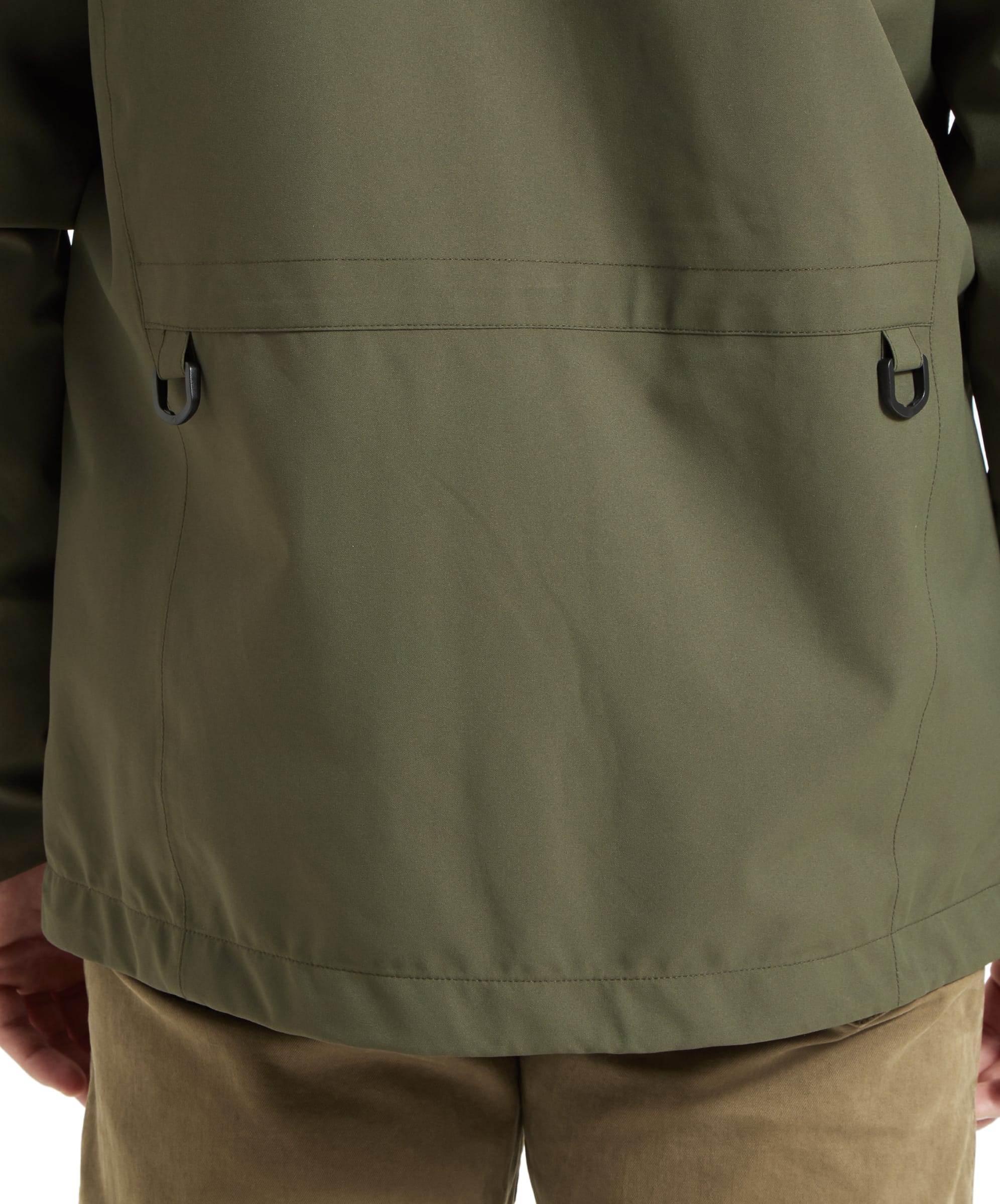 Schöffel Men's Grimsthorpe Clay Shooting Jacket in Green — close-up of rear hem showing zip-access back pocket, adjustable drawcord hem and technical shell fabric detail