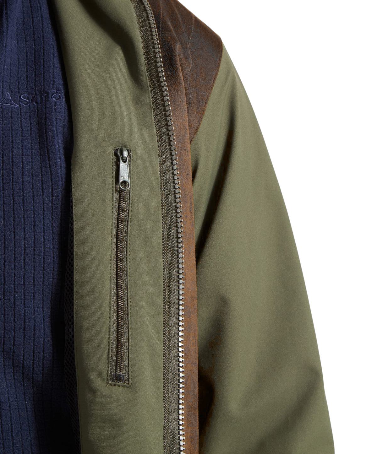 Olive green and brown leather-trimmed grimsthorpe clay jacket forest with silver zipper visible