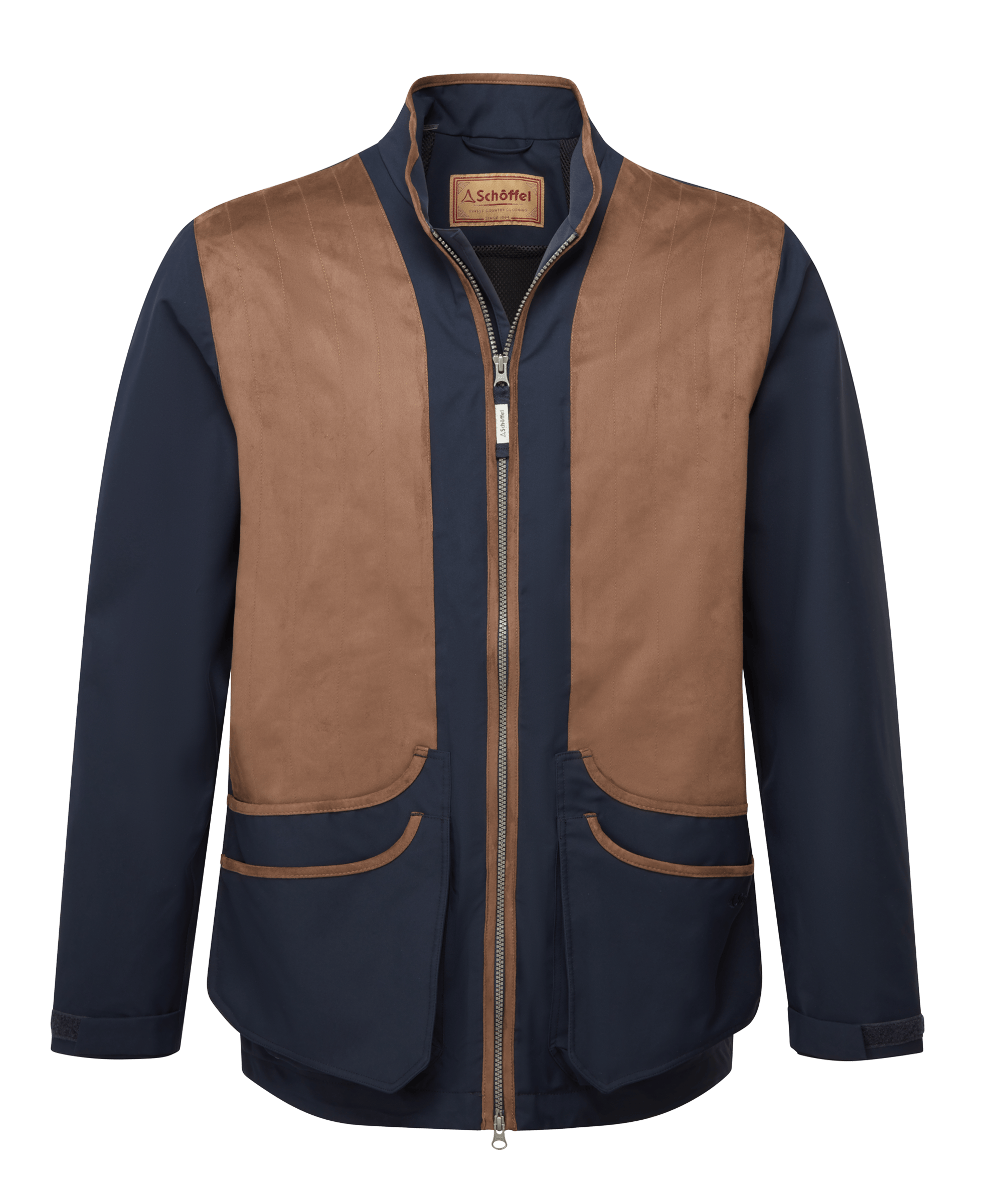 Schöffel men's full-zip shooting gilet in navy with tan suede shoulder and side patches, leather-trimmed flap pockets and zip front