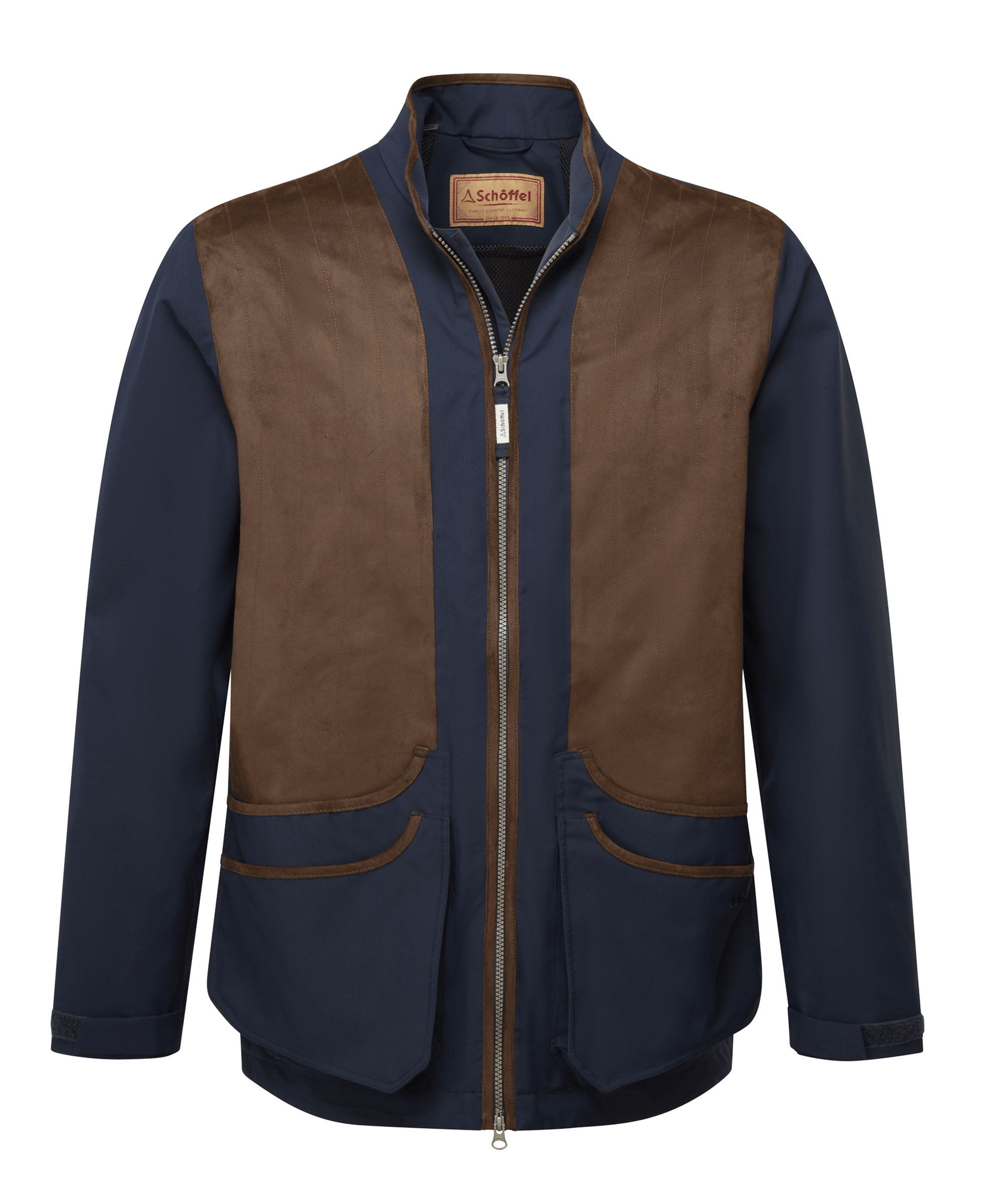 Schöffel Grimsthorpe Clay Shooting Jacket in Navy - technical shooting jacket with leather-look shoulder and cartridge pockets, flat lay front view.