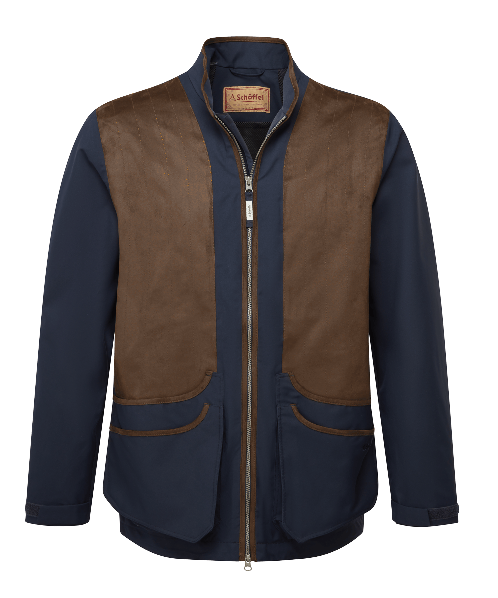 Schöffel Men's Grimsthorpe Clay Shooting Jacket in navy with tan leather trim, cutout front view on transparent background.