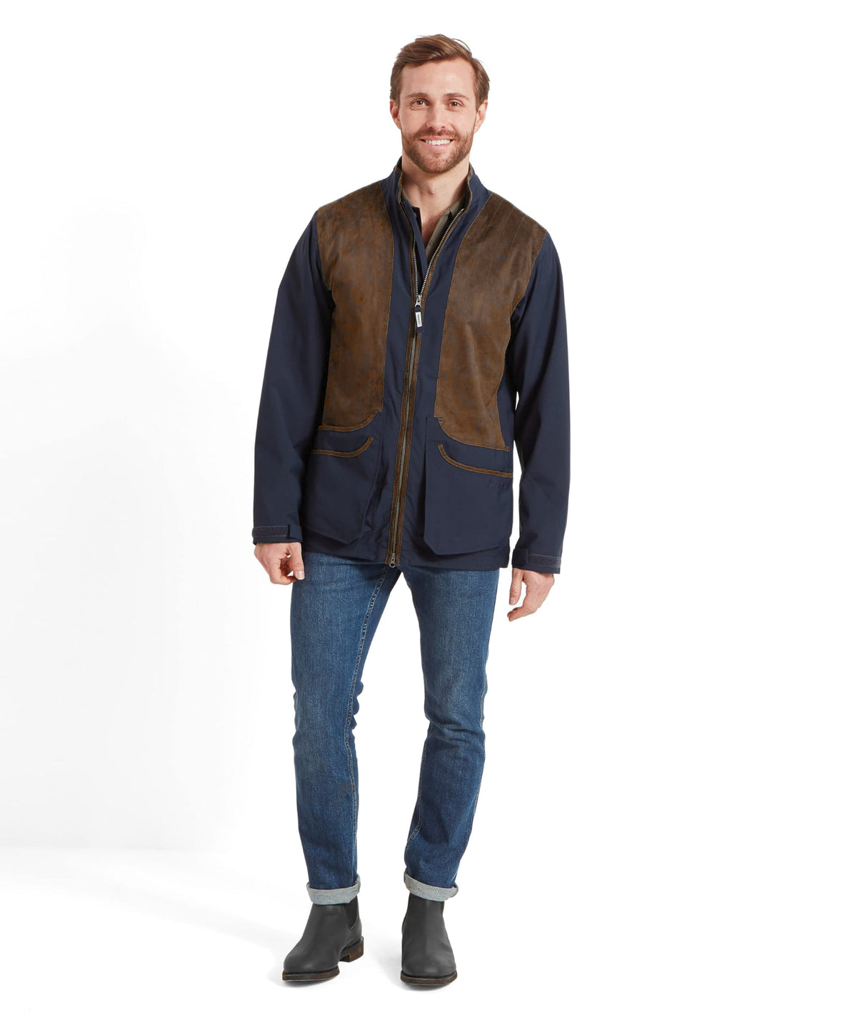Grimsthorpe clay jacket true navy navy blue and brown leather patchwork shooting jacket front view