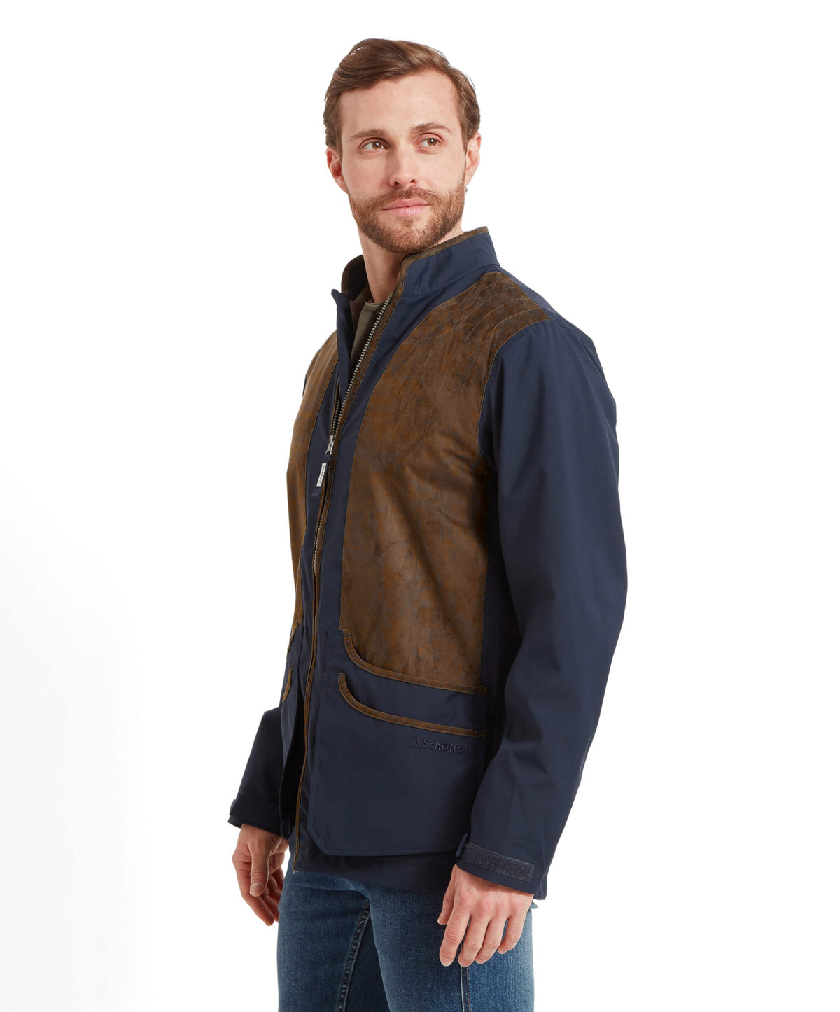 Grimsthorpe clay jacket in true navy with brown suede panels for shooting in a two-tone design