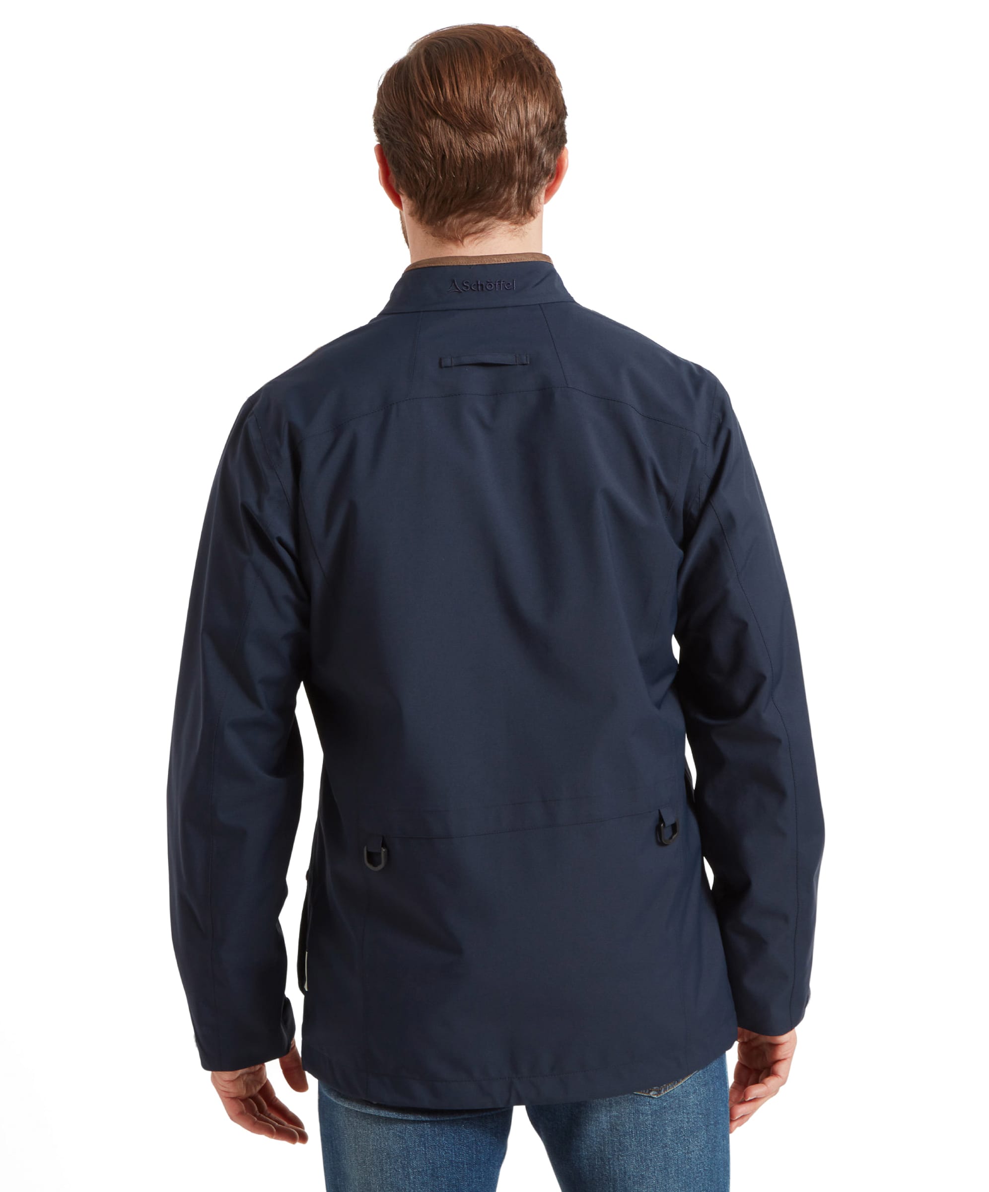 Schöffel Men's Grimsthorpe Clay Shooting Jacket in Blue — rear view showing Schöffel branding, back zip pocket and adjustable hook-and-loop hem detail