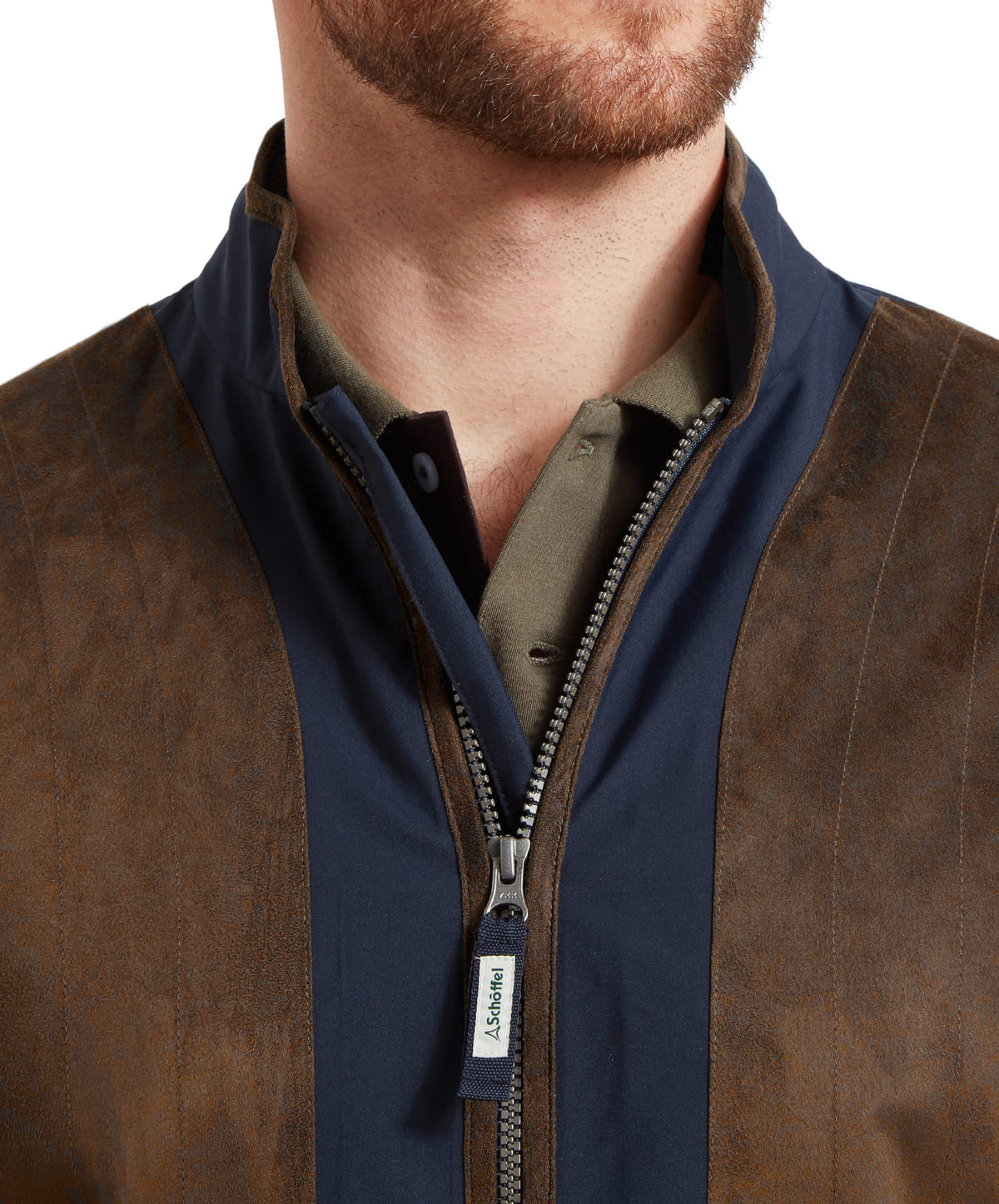 Brown suede and navy blue Grimsthorpe clay zip-up jacket with contrasting zipper pull for casual