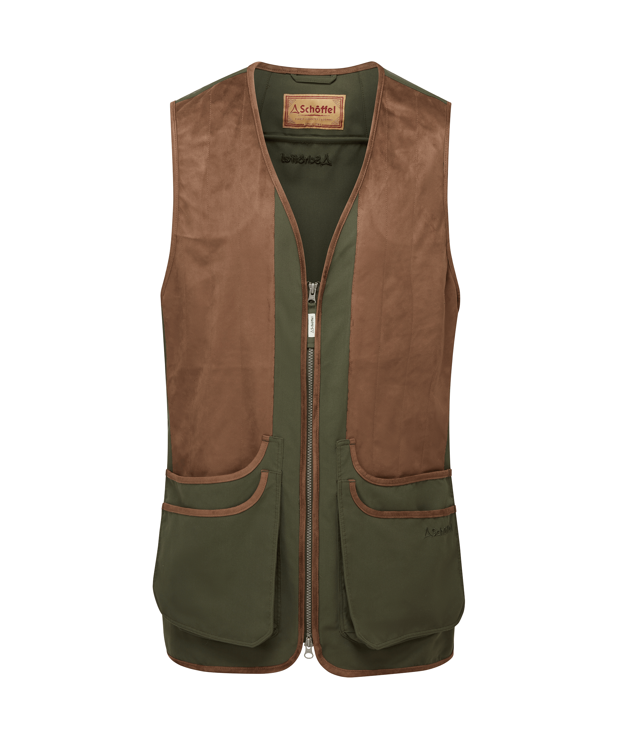 Schöffel men's full-zip shooting gilet in olive green with tan suede shoulder and side patches, leather-trimmed flap pockets and zip front