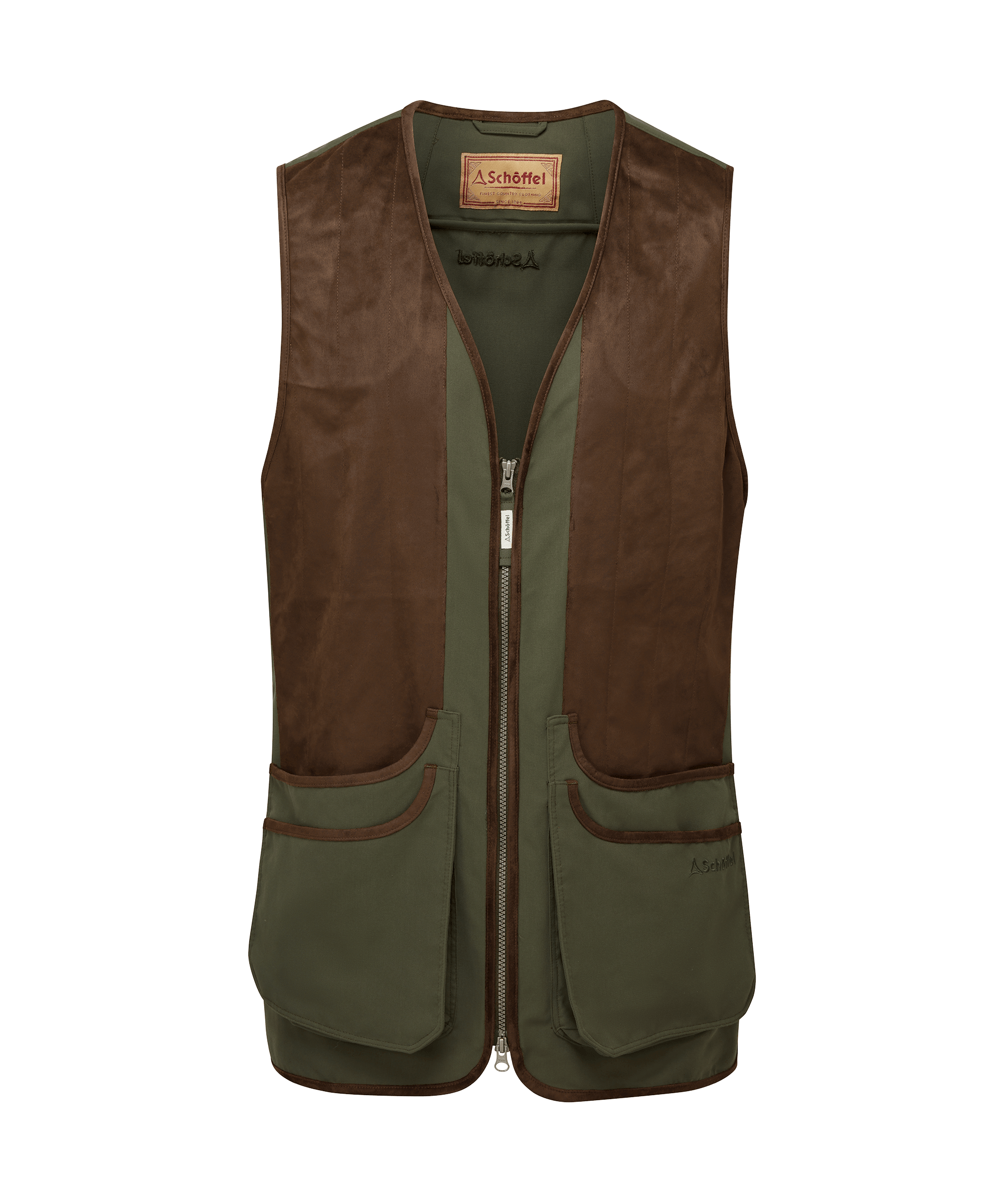 Schöffel Men's Grimsthorpe Clay Shooting Vest in green with tan leather trim, cutout front view on transparent background.