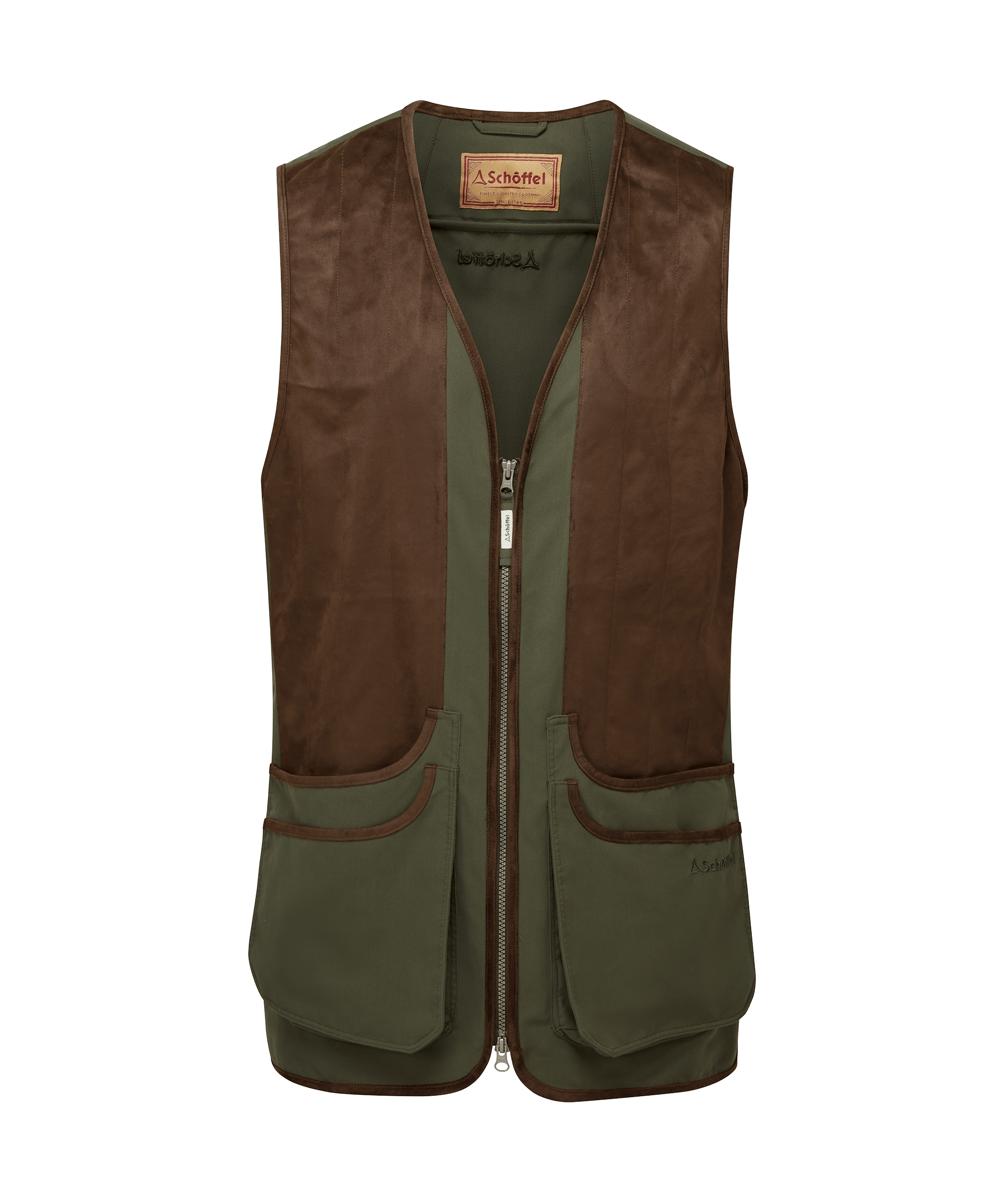 Schöffel Grimsthorpe Clay Shooting Vest in Green - sleeveless technical vest with leather-look front panels and cartridge pockets, flat lay front view.