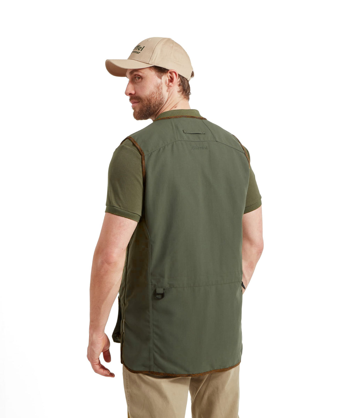 Grimsthorpe clay vest forest olive green hunting vest with brown trim and multiple pockets