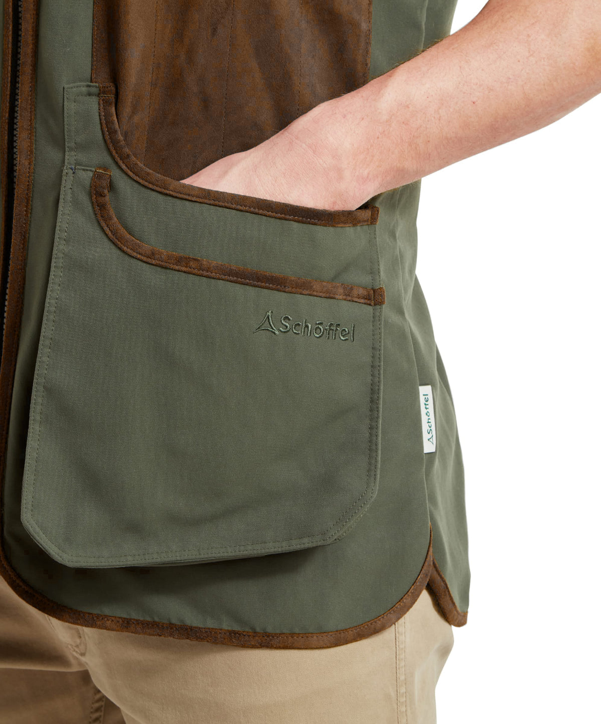 Grimsthorpe clay vest forest olive green and brown leather-trimmed schöffel shooting vest