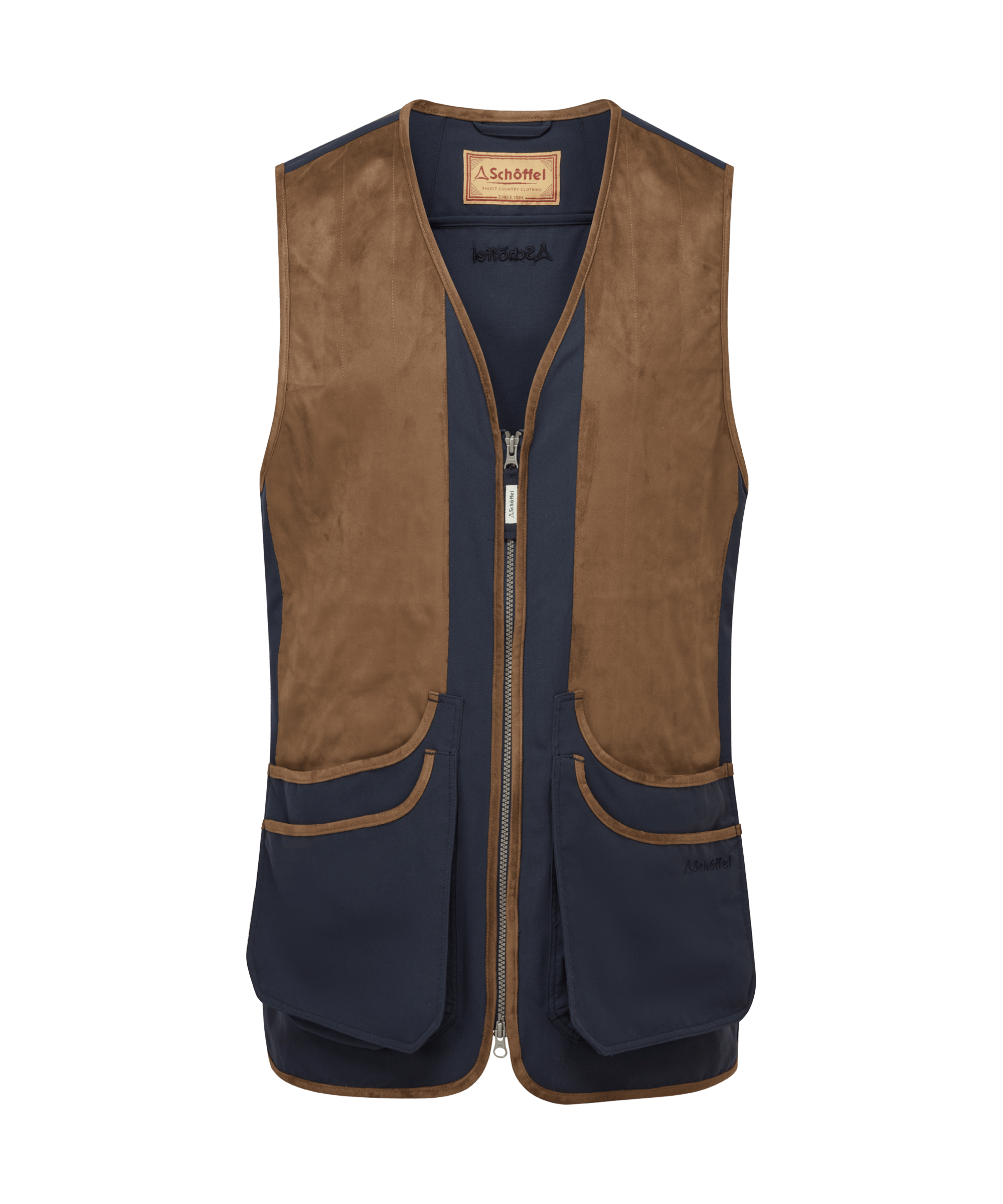 Schöffel men's full-zip shooting gilet in navy with a full tan suede front, leather-trimmed pockets and branded patch label