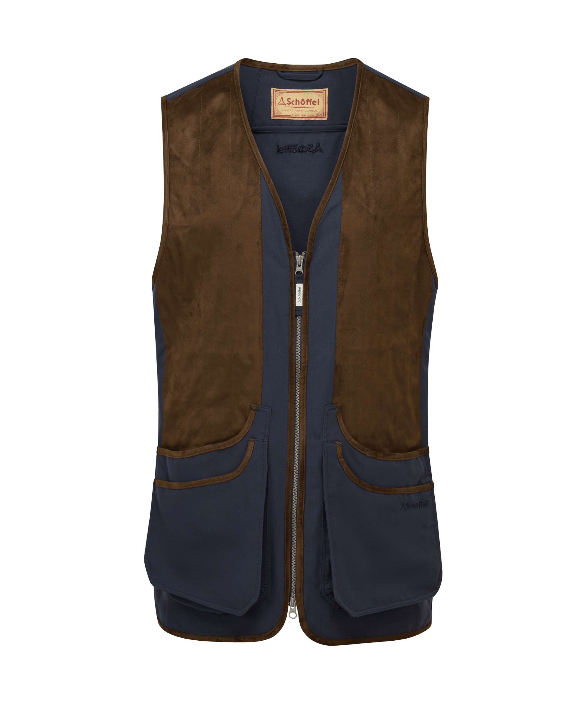 Schöffel Grimsthorpe Clay Shooting Vest in Navy - sleeveless technical vest with leather-look front panels and cartridge pockets, flat lay front view.