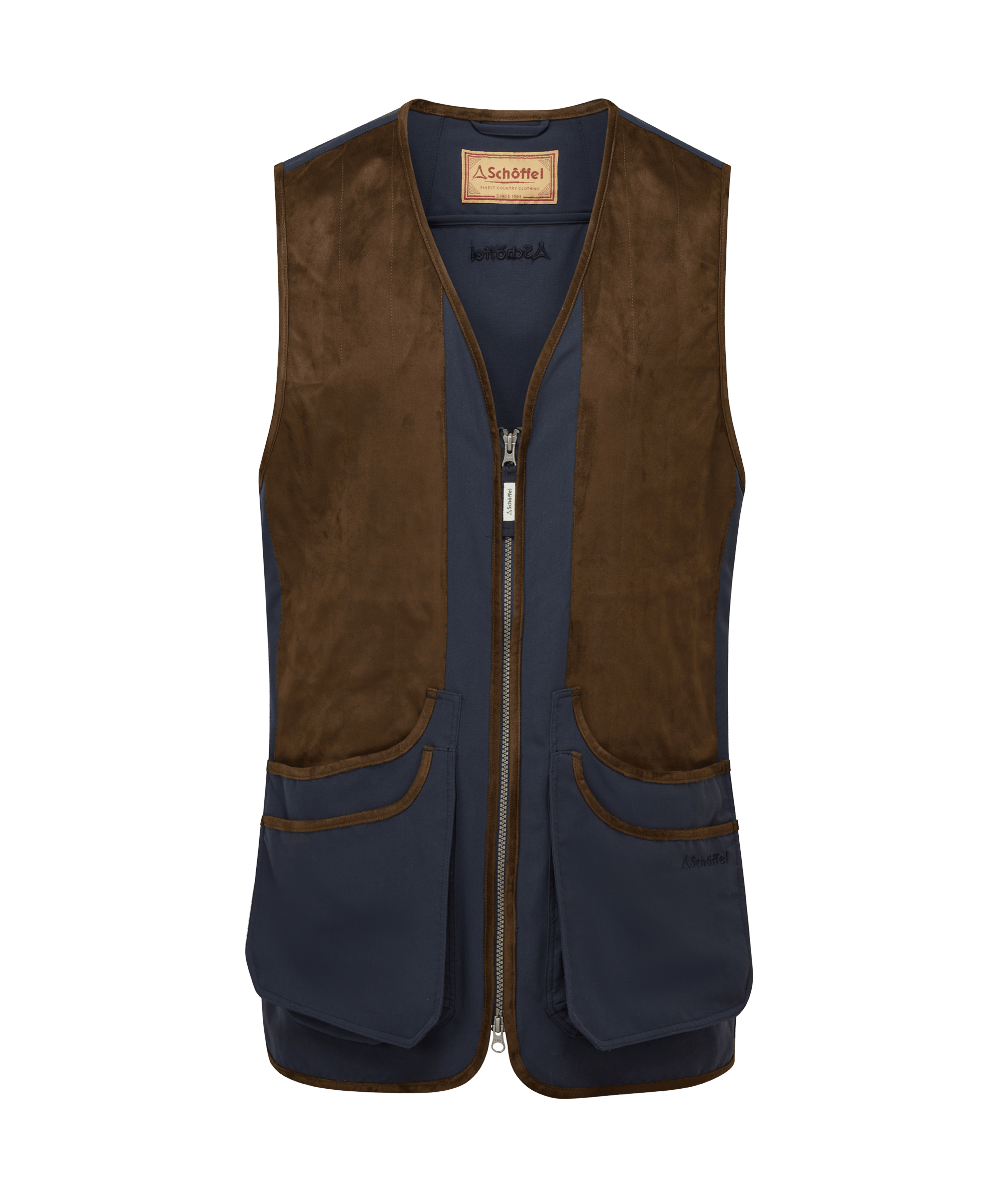 Schöffel Men's Grimsthorpe Clay Shooting Vest in navy with tan leather trim, cutout front view on transparent background.