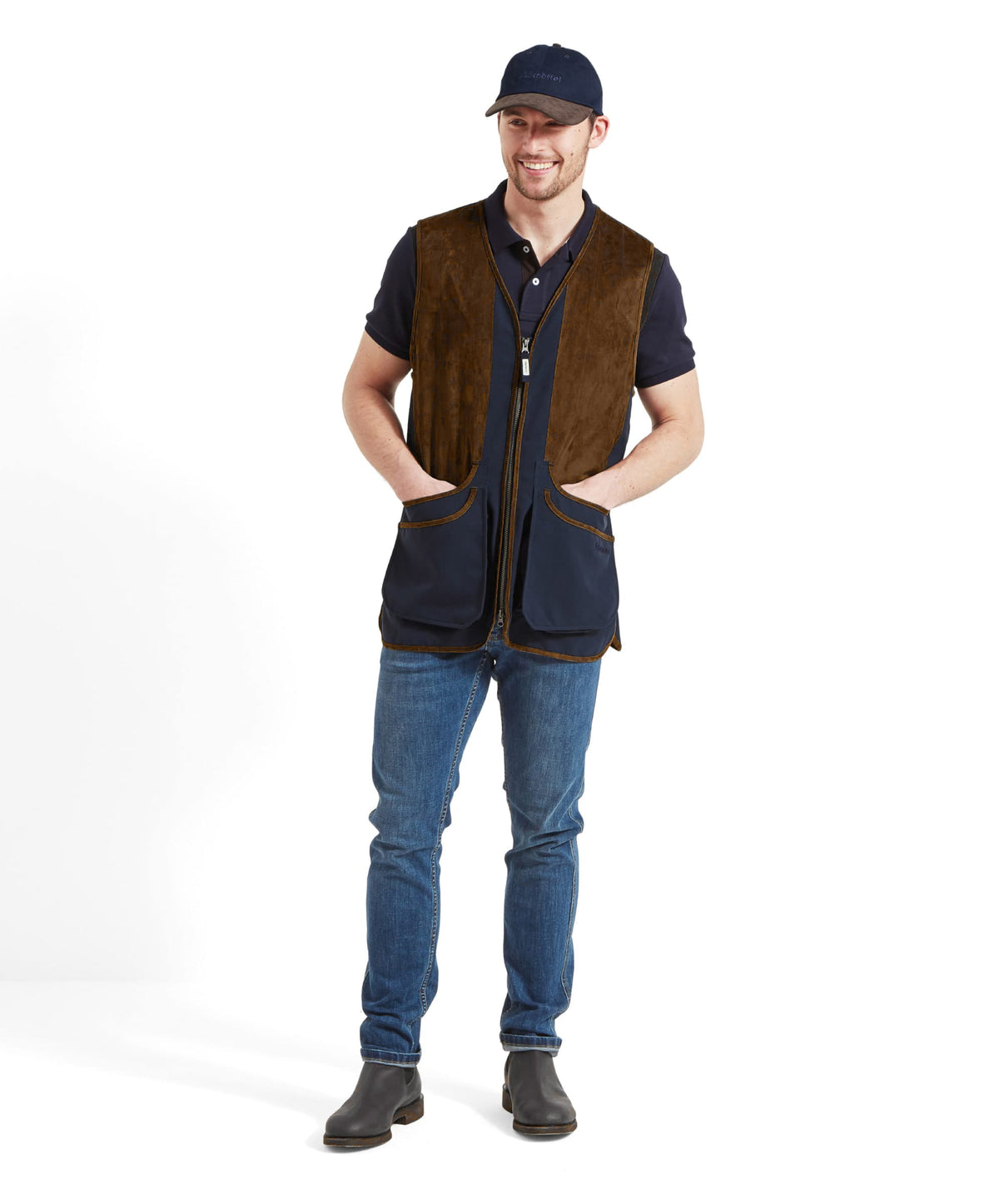 Brown suede and navy blue zip-front grimsthorpe clay shooting vest designed for outdoor use