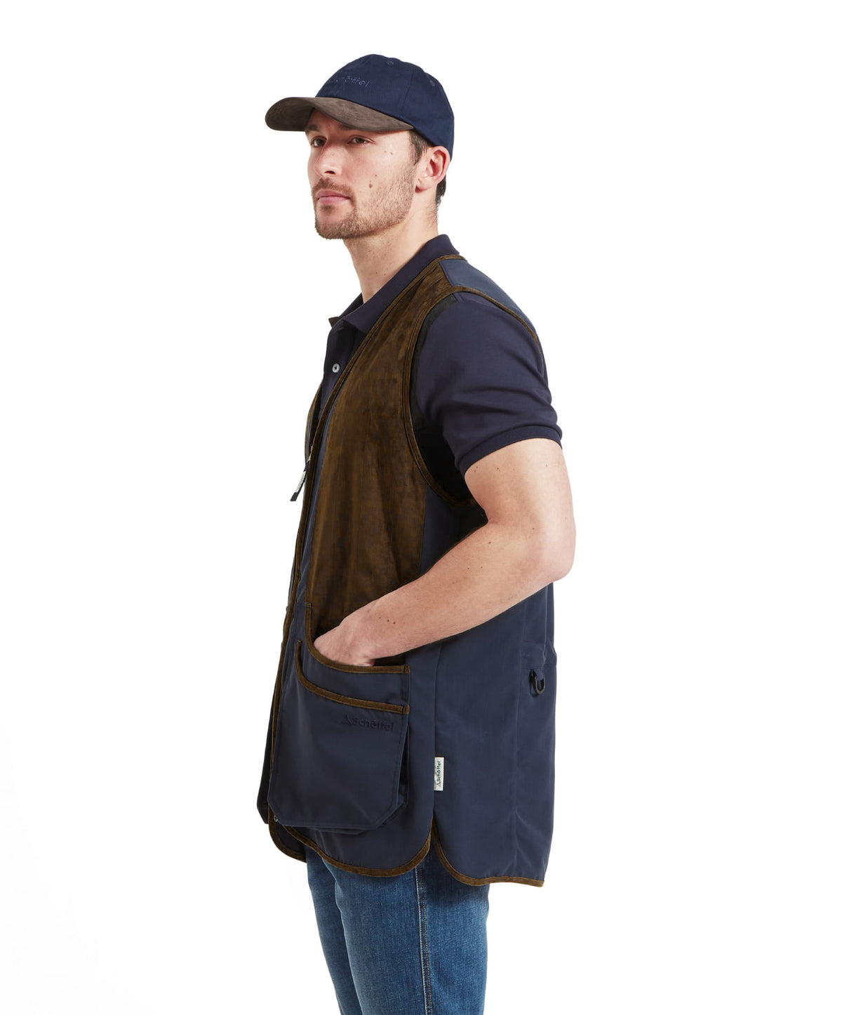 Navy blue and brown suede Grimsthorpe Clay Vest with multiple pockets for outdoor and utility use