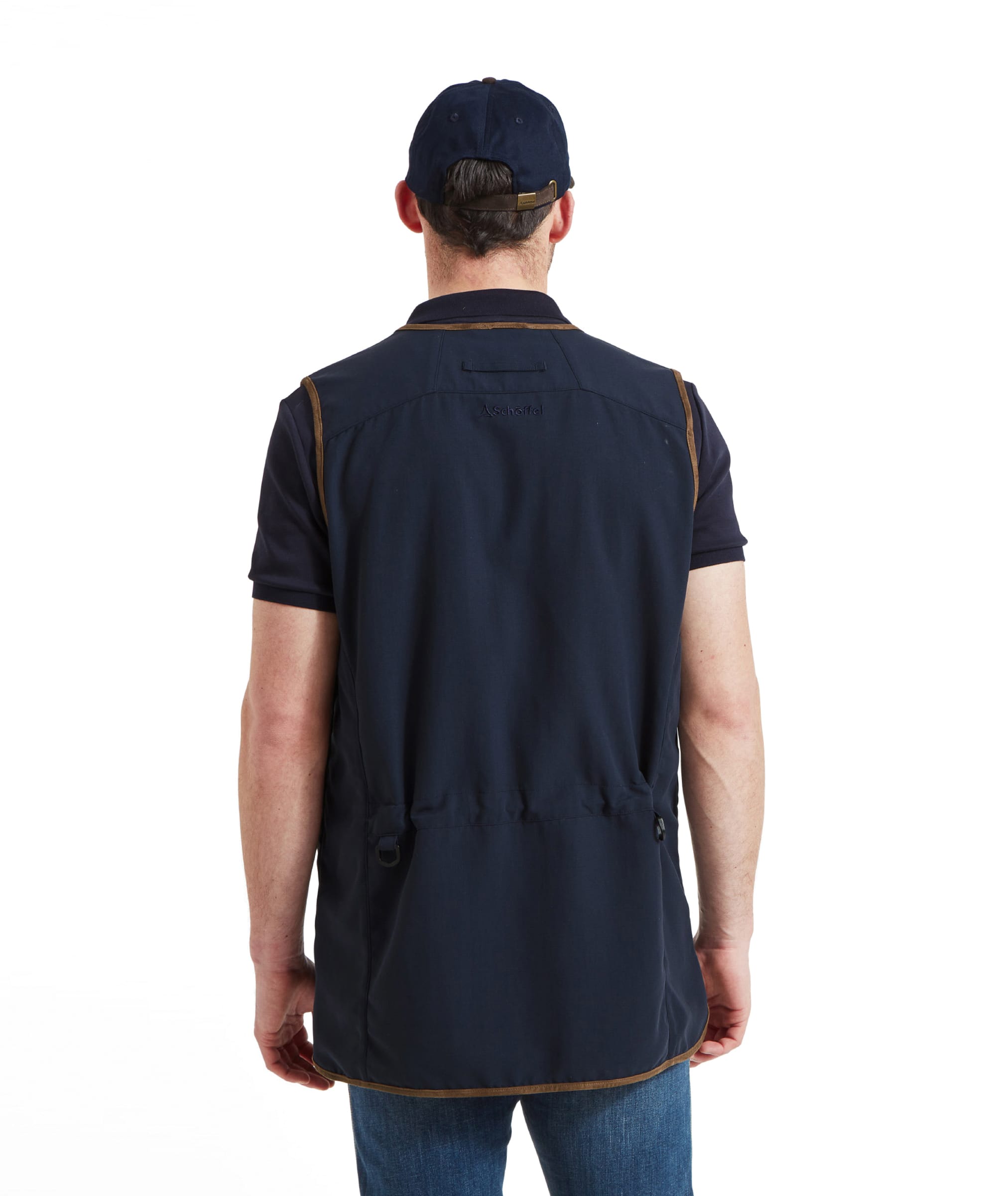 Schöffel Men's Grimsthorpe Clay Shooting Vest in Blue — rear view showing Schöffel branding, back zip pocket, adjustable drawcord hem with D-ring pulls and suede trim edging