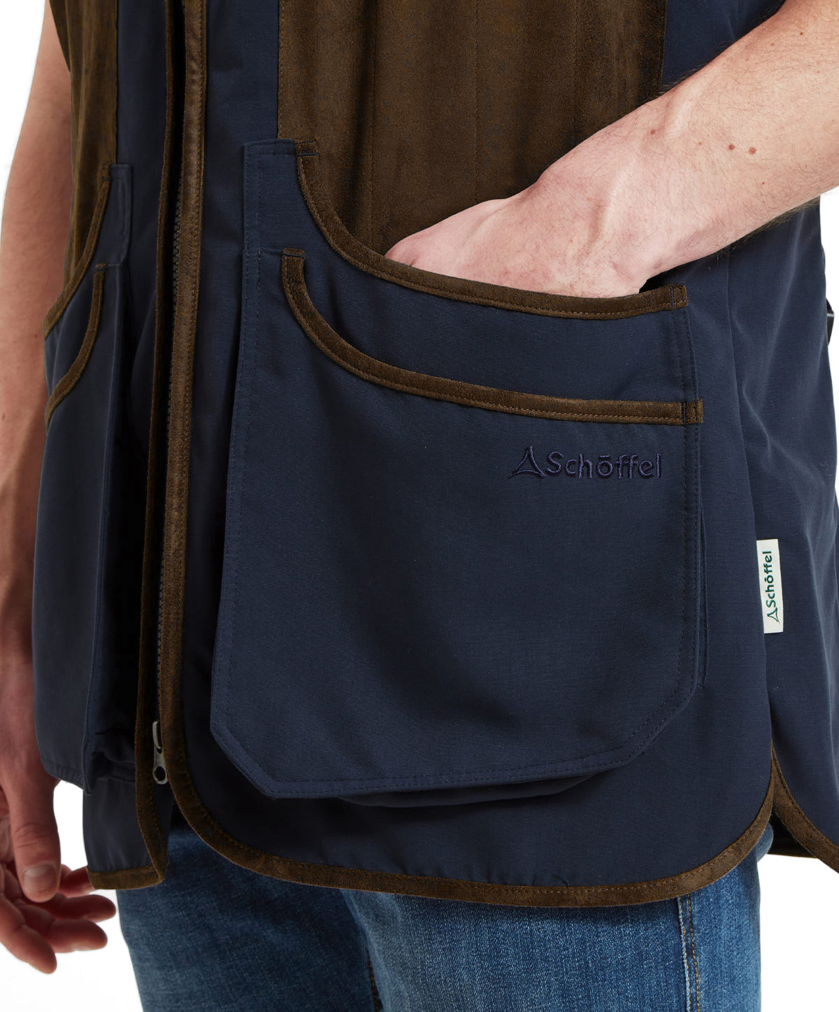 Navy blue and brown suede trimmed grimsthorpe clay shooting vest with embroidered Schoeffel logo