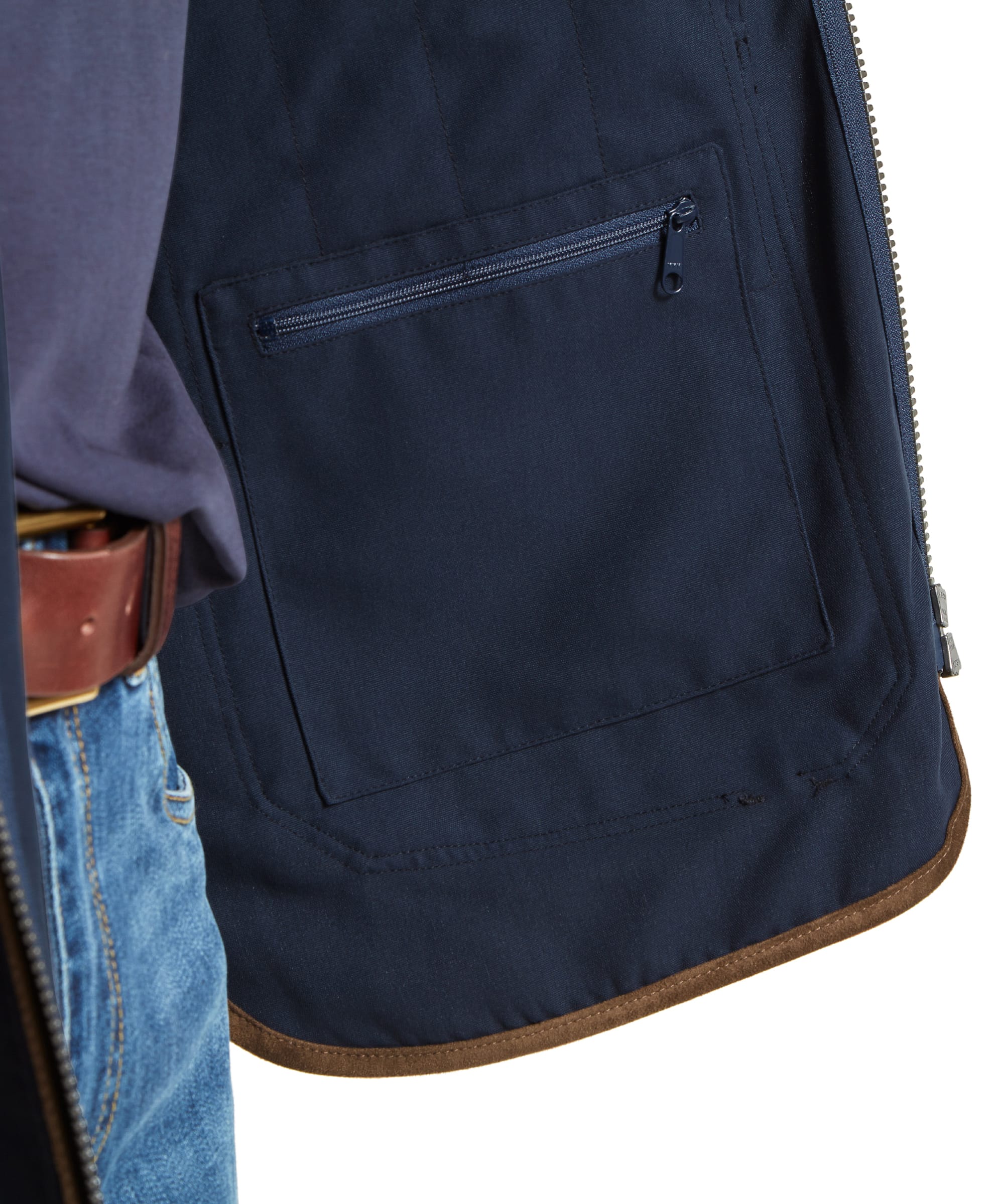 Schöffel Men's Grimsthorpe Clay Shooting Vest in Blue — close-up of interior showing zip-secure inner pocket with Schöffel branded pull tab and lining detail