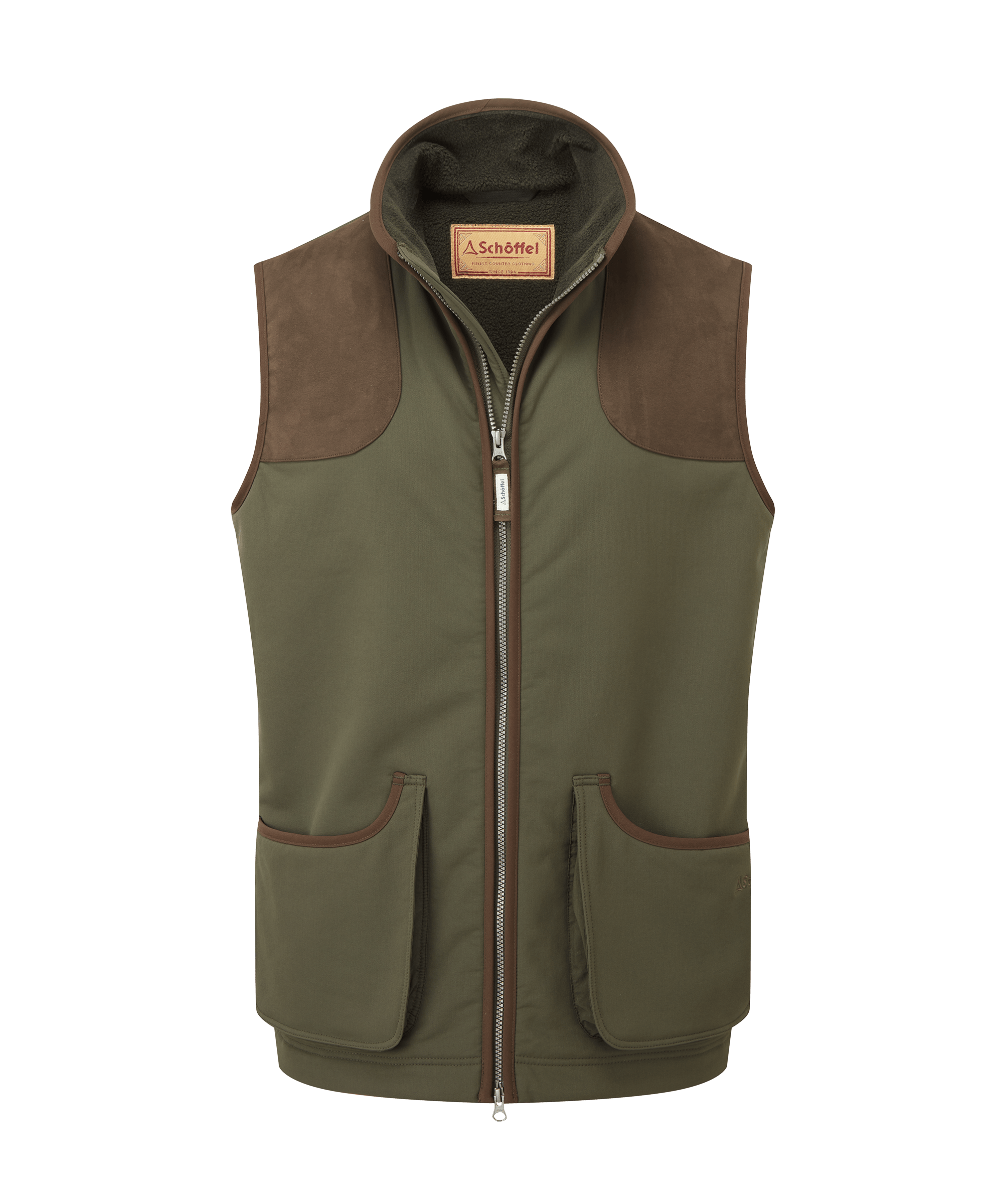 Schöffel men's full-zip shooting gilet in olive with suede shoulder patches, flap pockets and a branded patch label