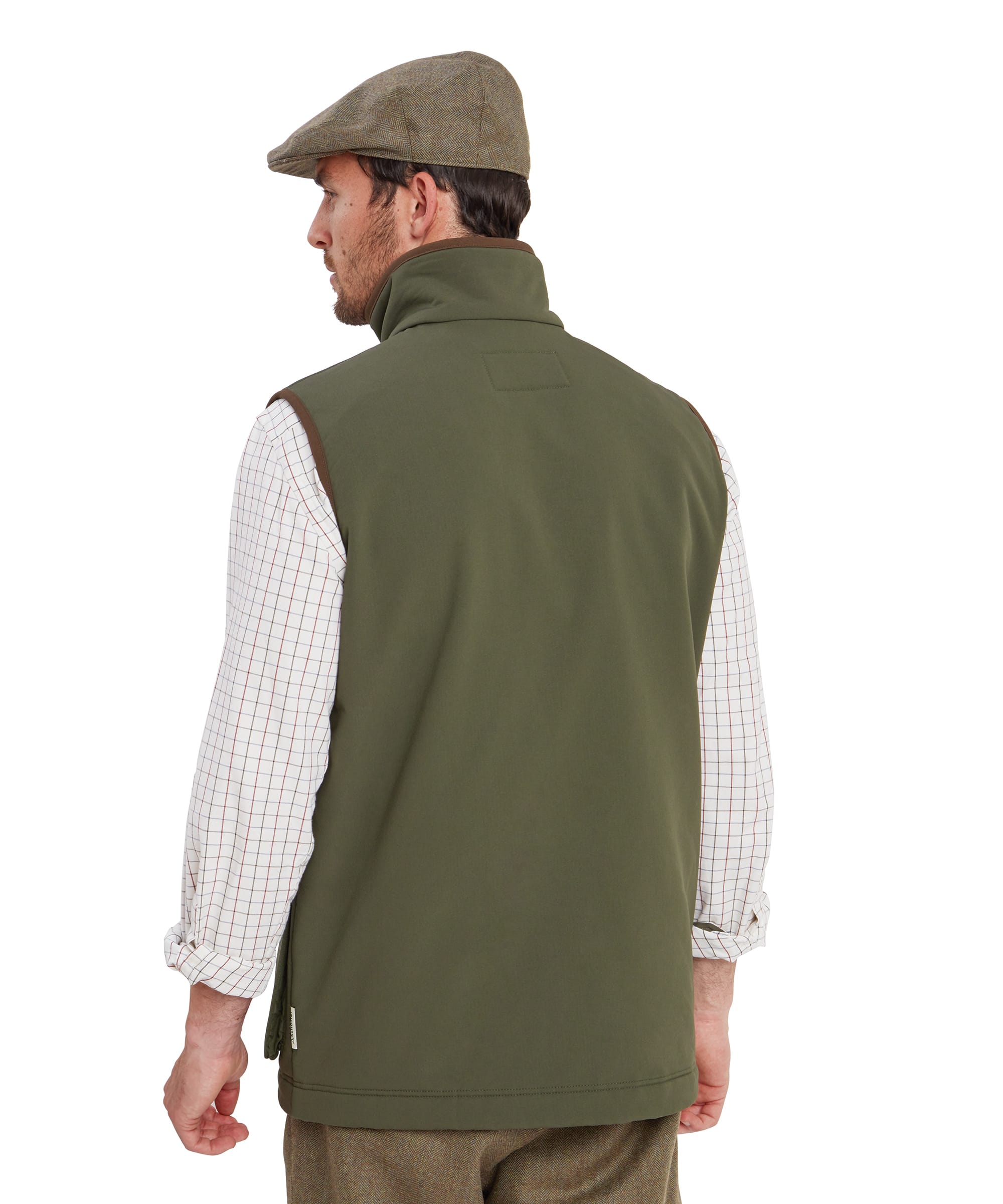 Schöffel Men's Gunby Gilet in Green — rear view showing clean softshell back panel, Schöffel badge and stand collar detail, worn with a tweed flat cap