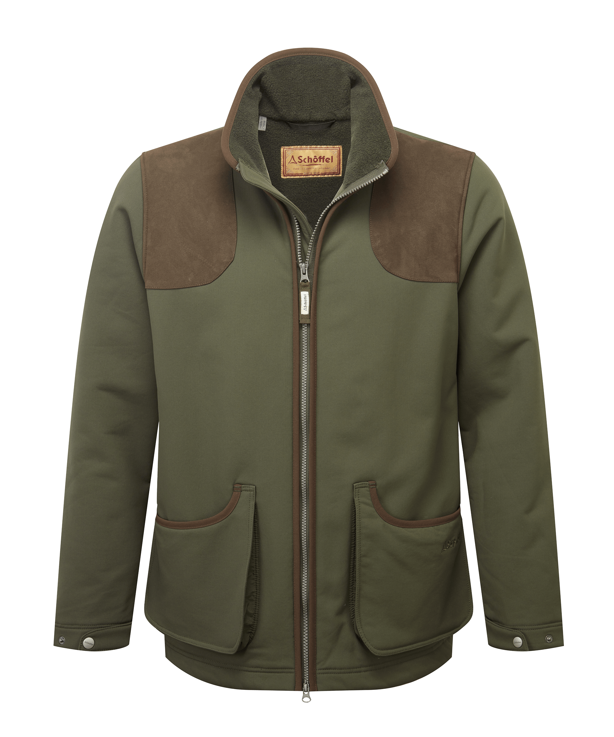Schöffel men's full-zip shooting jacket in olive green with suede shoulder and elbow patches, flap pockets and a branded patch label