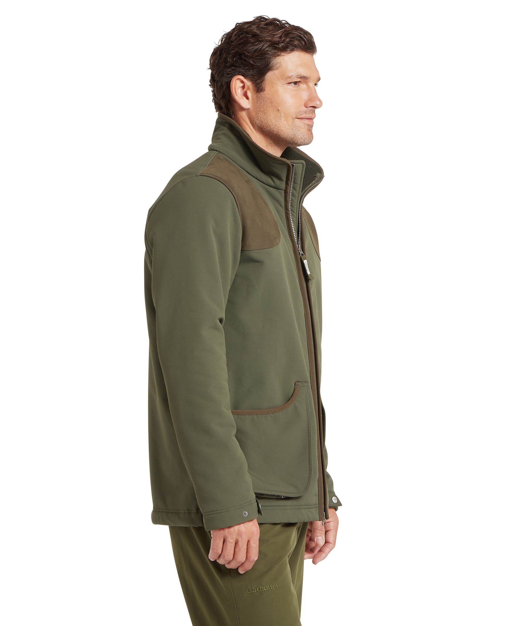 Schöffel Men's Gunby Jacket in Green — close-up of fleece-lined stand collar, suede shoulder patch, Schöffel branded zip pull and layered check shirt and tie
