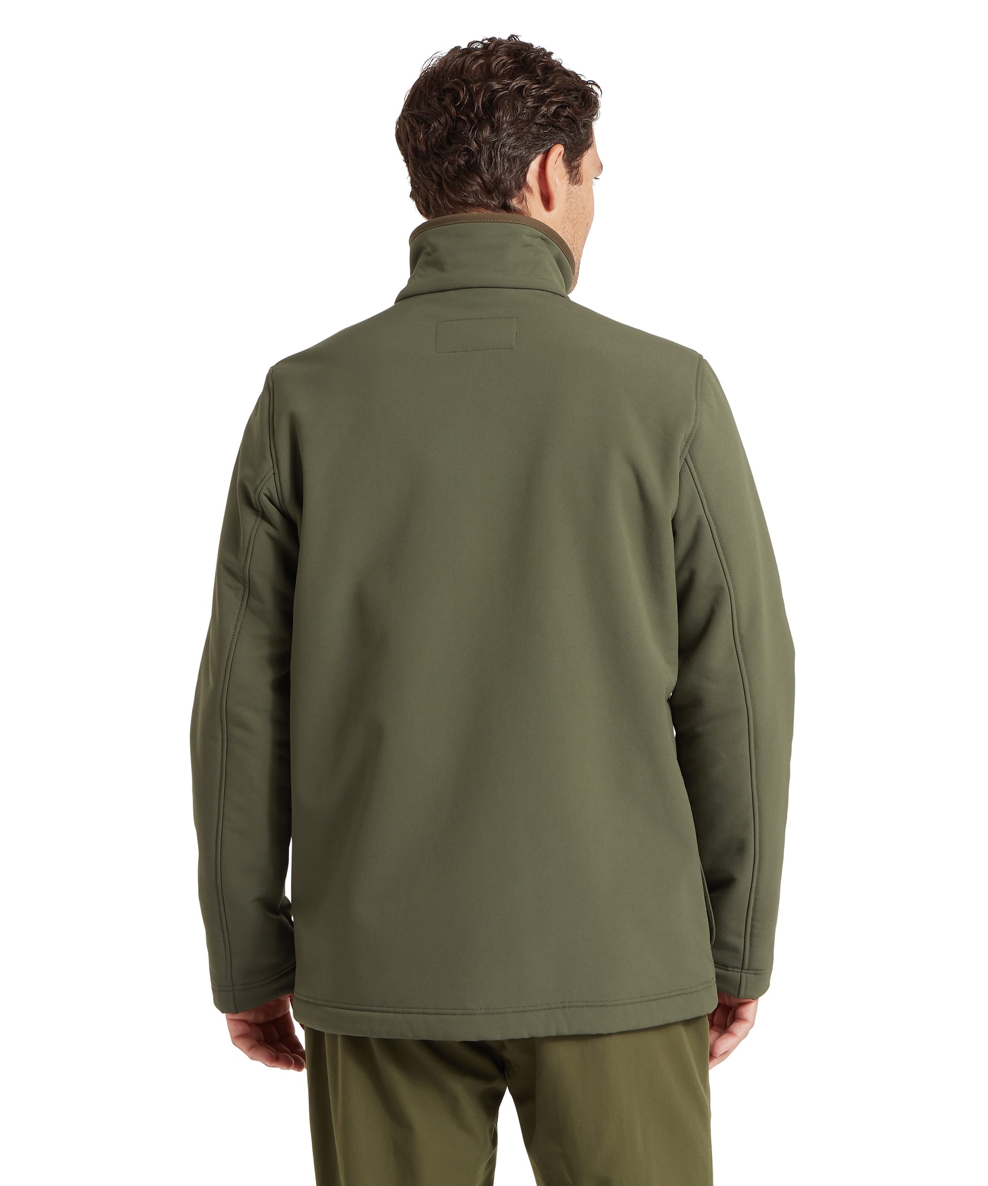 Schöffel Men's Gunby Jacket in Green — three-quarter side view showing suede shoulder patch, fleece-lined collar, lower pockets and snap-button cuff adjuster