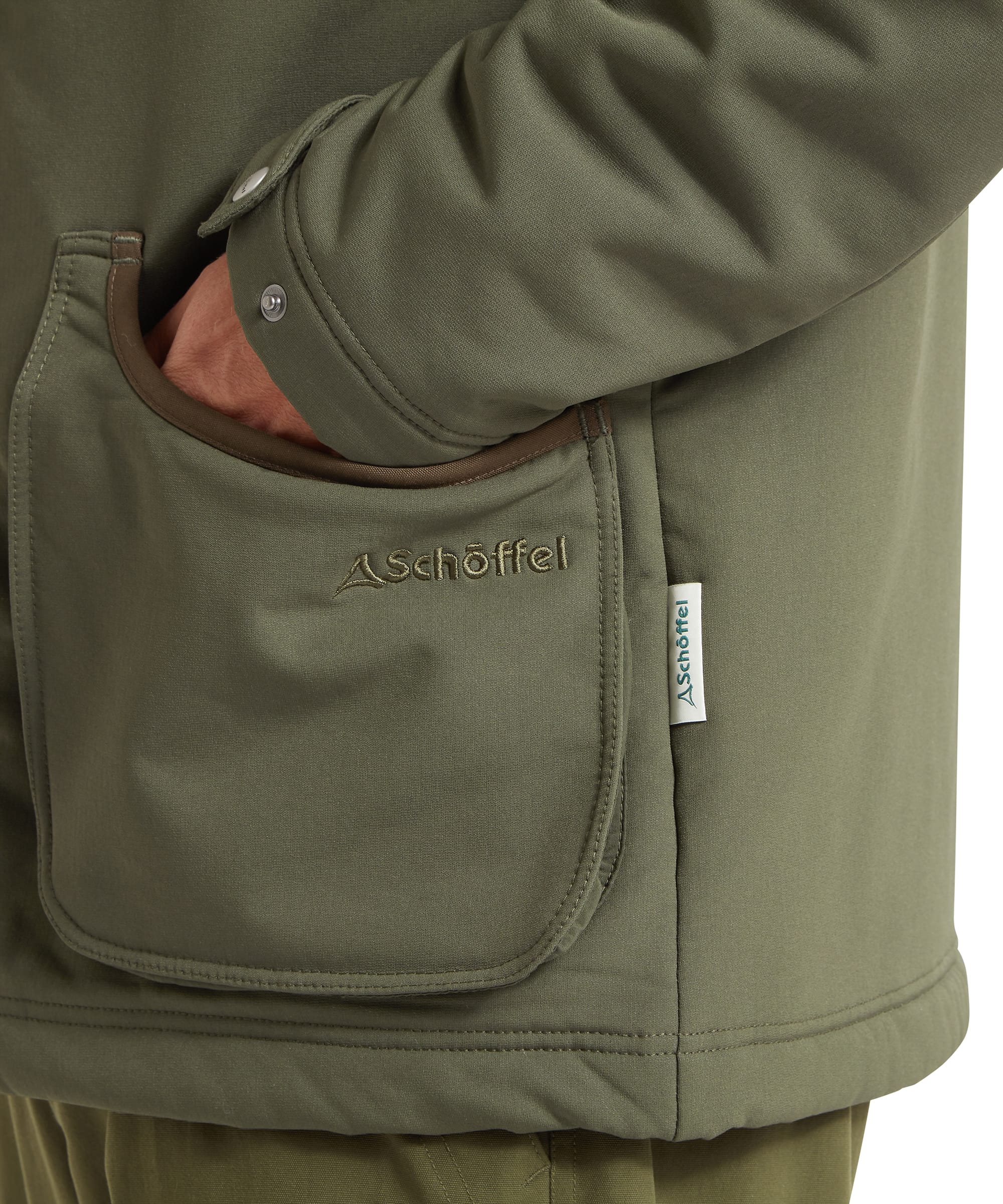 Schöffel Men's Gunby Jacket in Green — rear view showing clean softshell back panel, Schöffel badge detail and fleece-lined collar