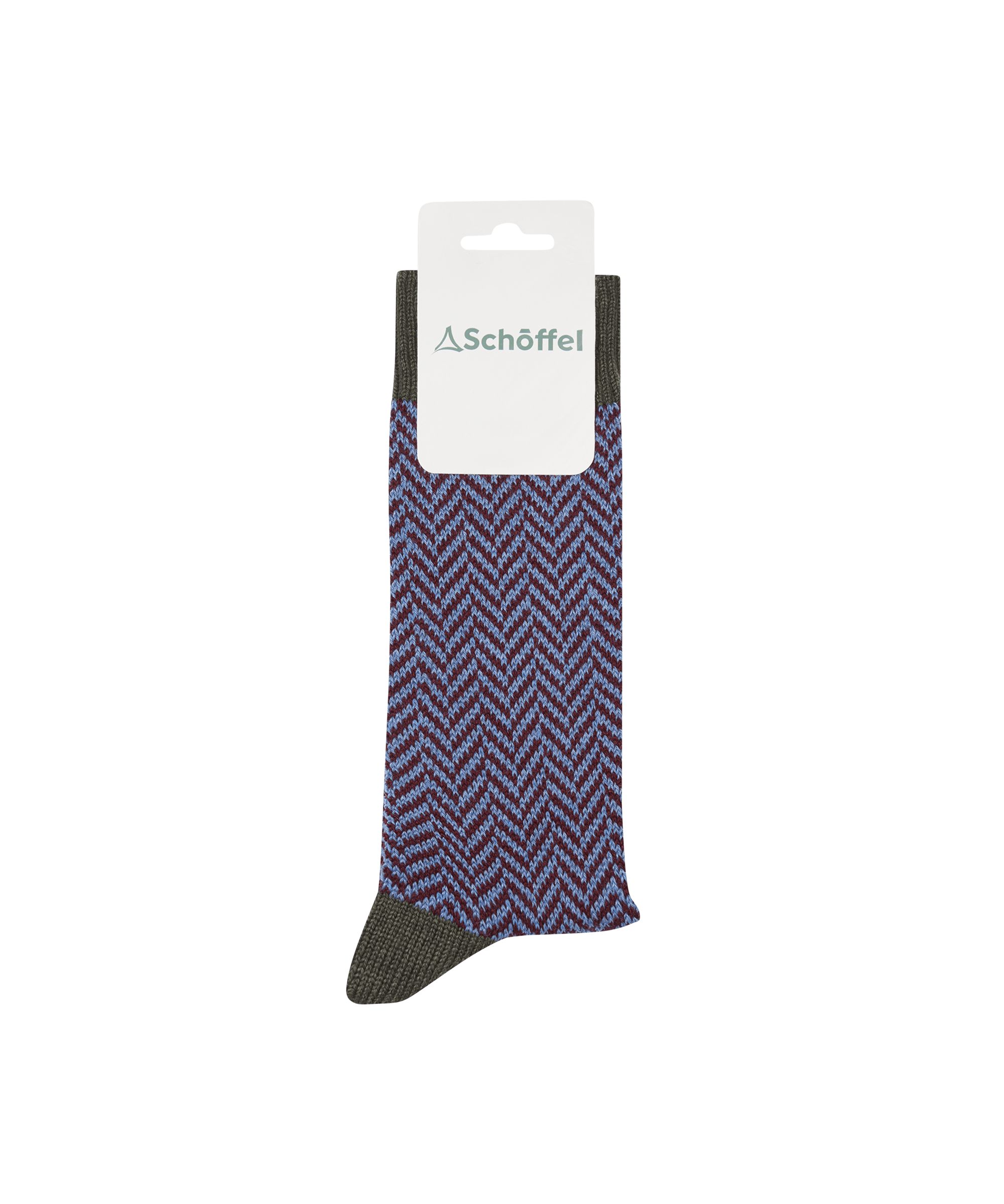 Purple and brown herringbone patterned sock with Schöffel label on a white background