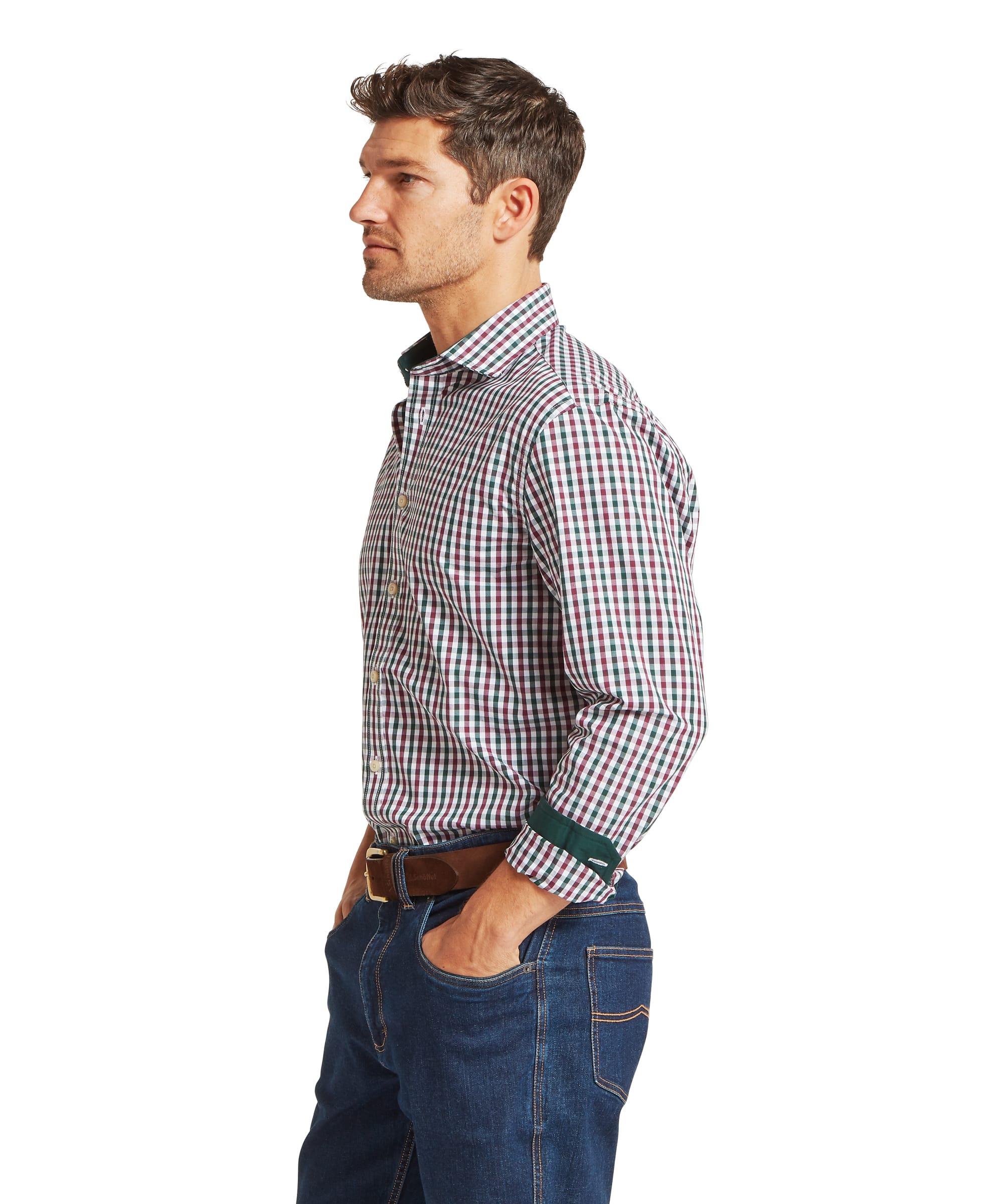 Schöffel Men's Hebden Tailored Shirt in green multi-check, side view showing classic country check pattern with spread collar and contrast green inner collar detail