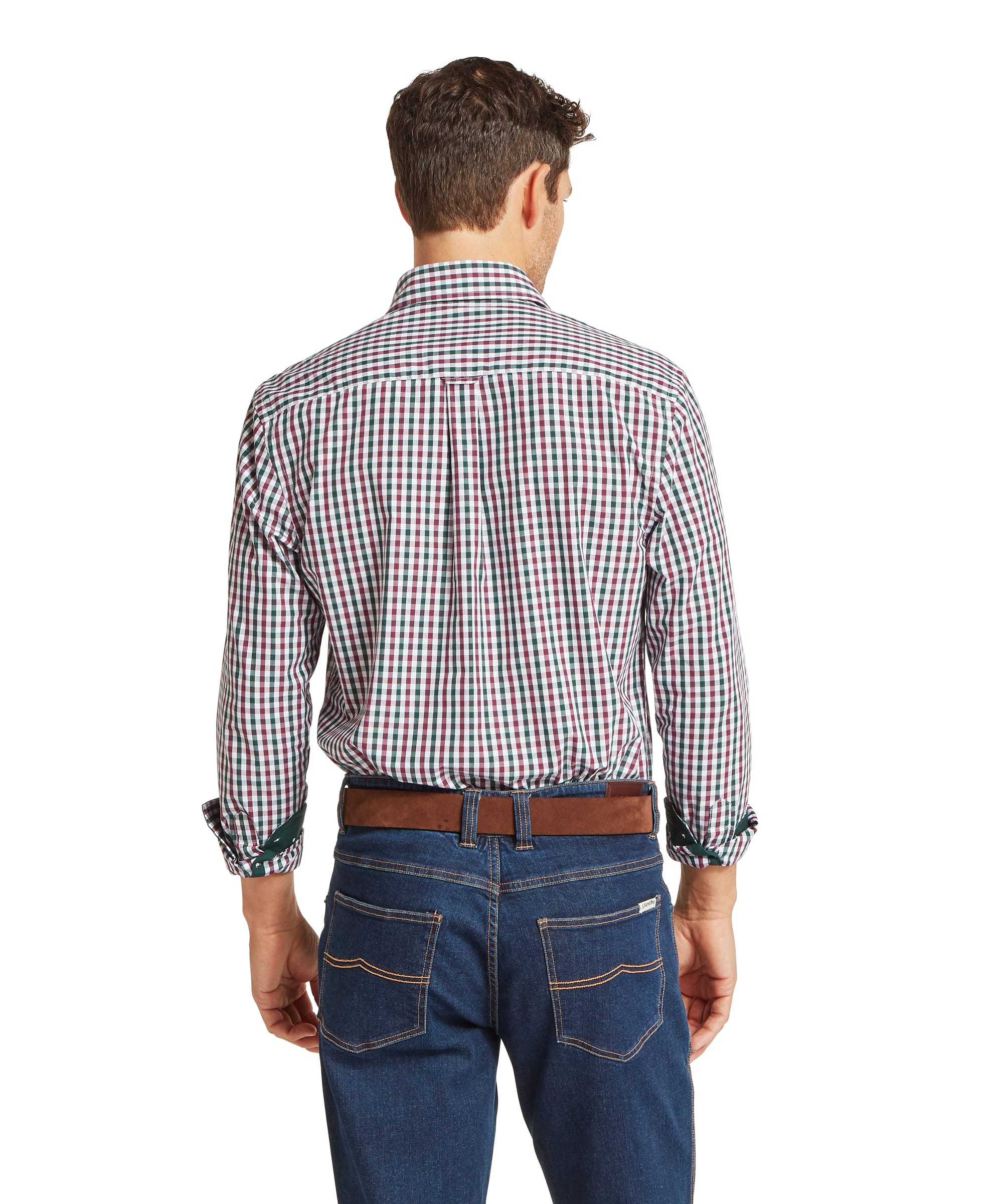Schöffel Men's Hebden Tailored Shirt in green multi-check, rear view showing box pleat at back yoke and tailored fit through the body, worn with dark denim jeans
