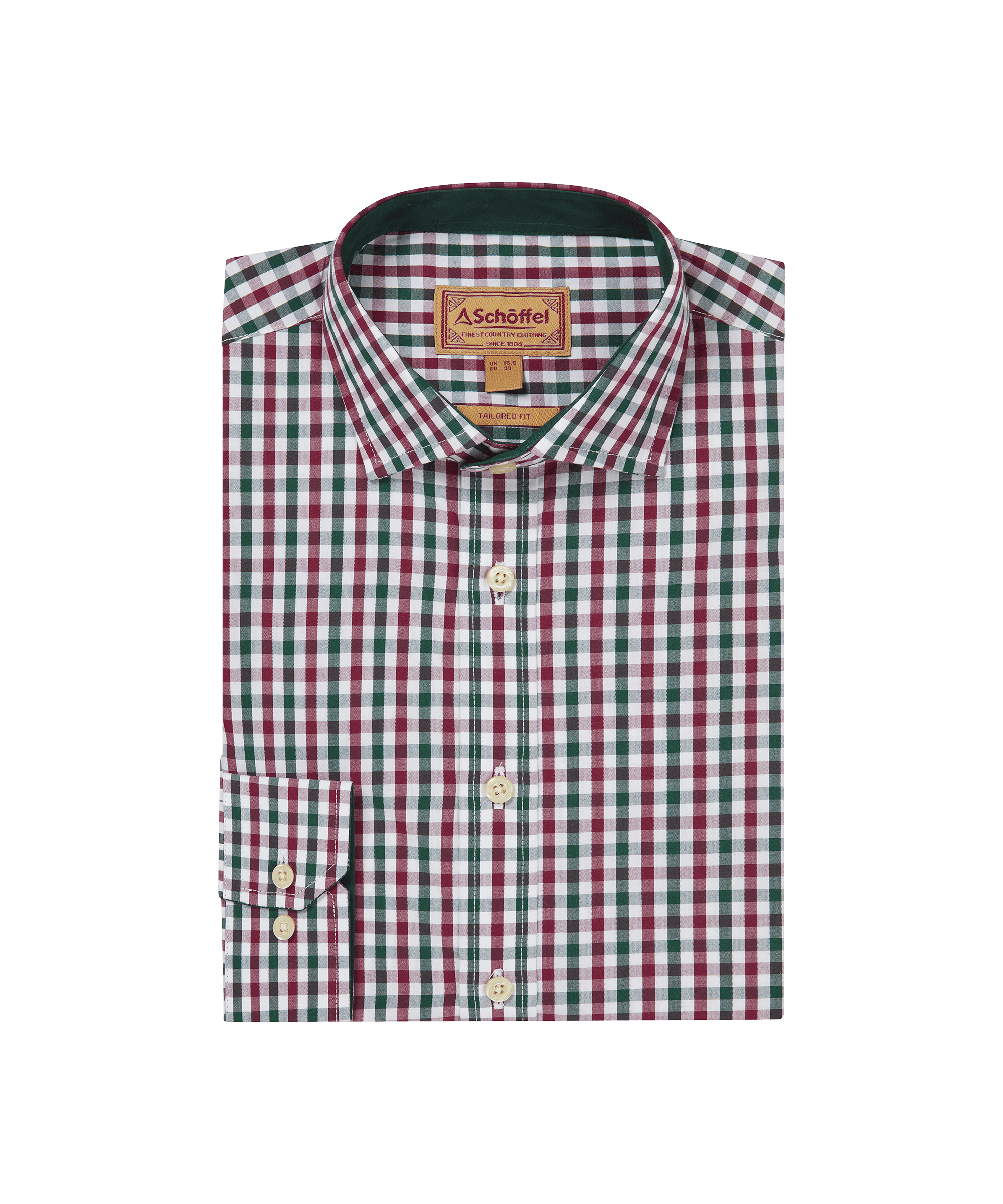 Schöffel men's folded classic country shirt in white with a bold green and burgundy multi-check, button collar and green contrast collar lining