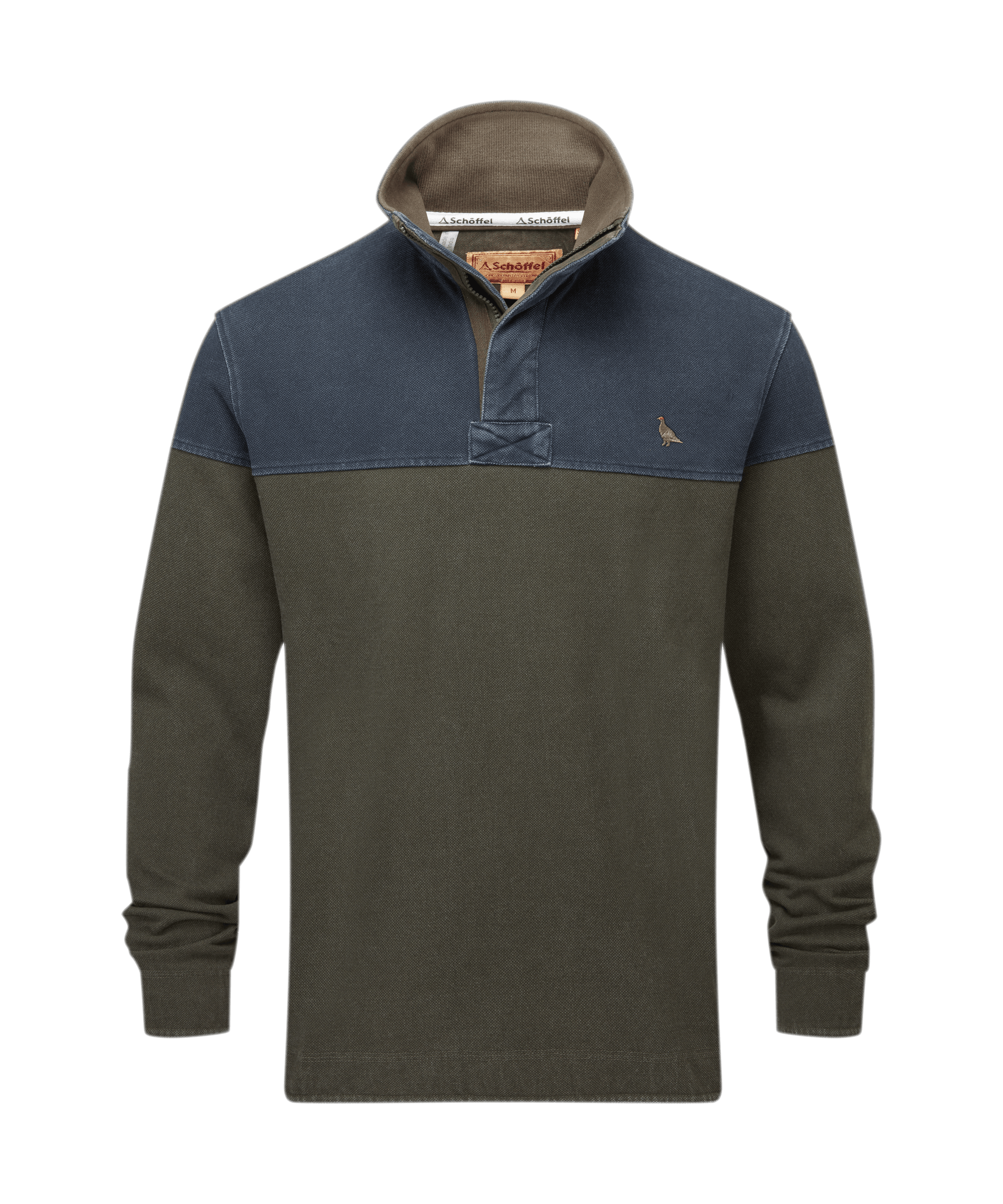 Schöffel men's colour-block half-zip sweatshirt in olive and dark navy with a button placket and embroidered logo detail
