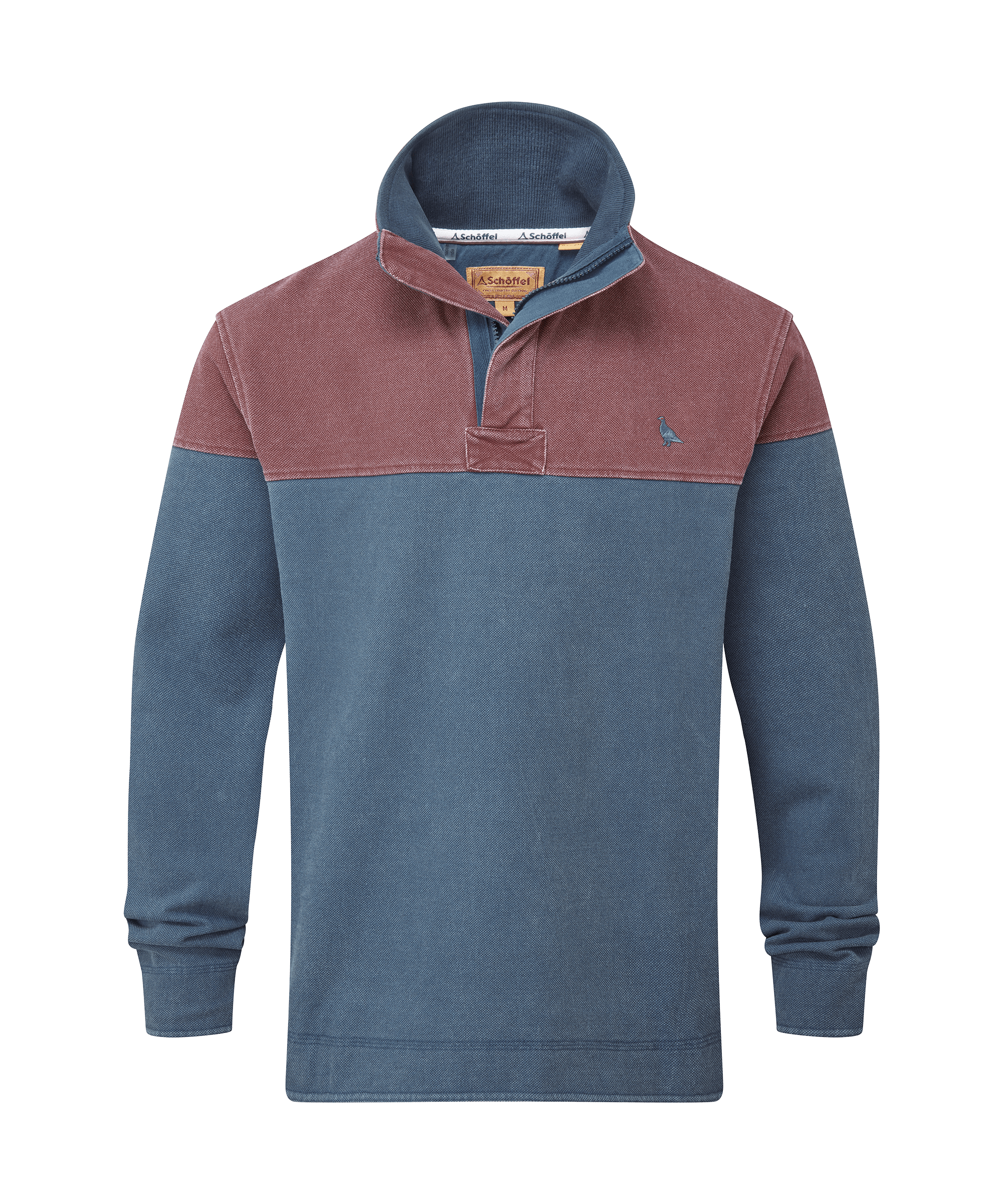 Schöffel men's colour-block sweatshirt in dusty blue and red with a button placket and embroidered logo detail