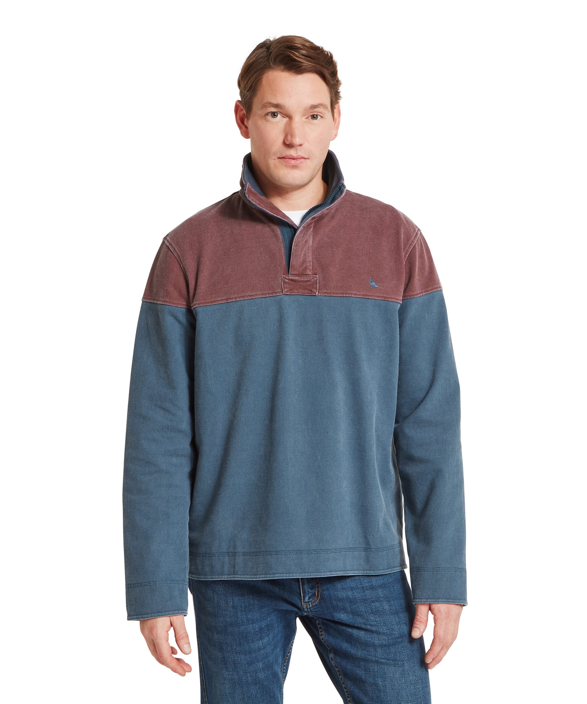 Schöffel Men's Helford Heritage Sweatshirt in red and petrol blue, front view showing two-tone colour block design with quarter-zip neck and embroidered pheasant chest logo