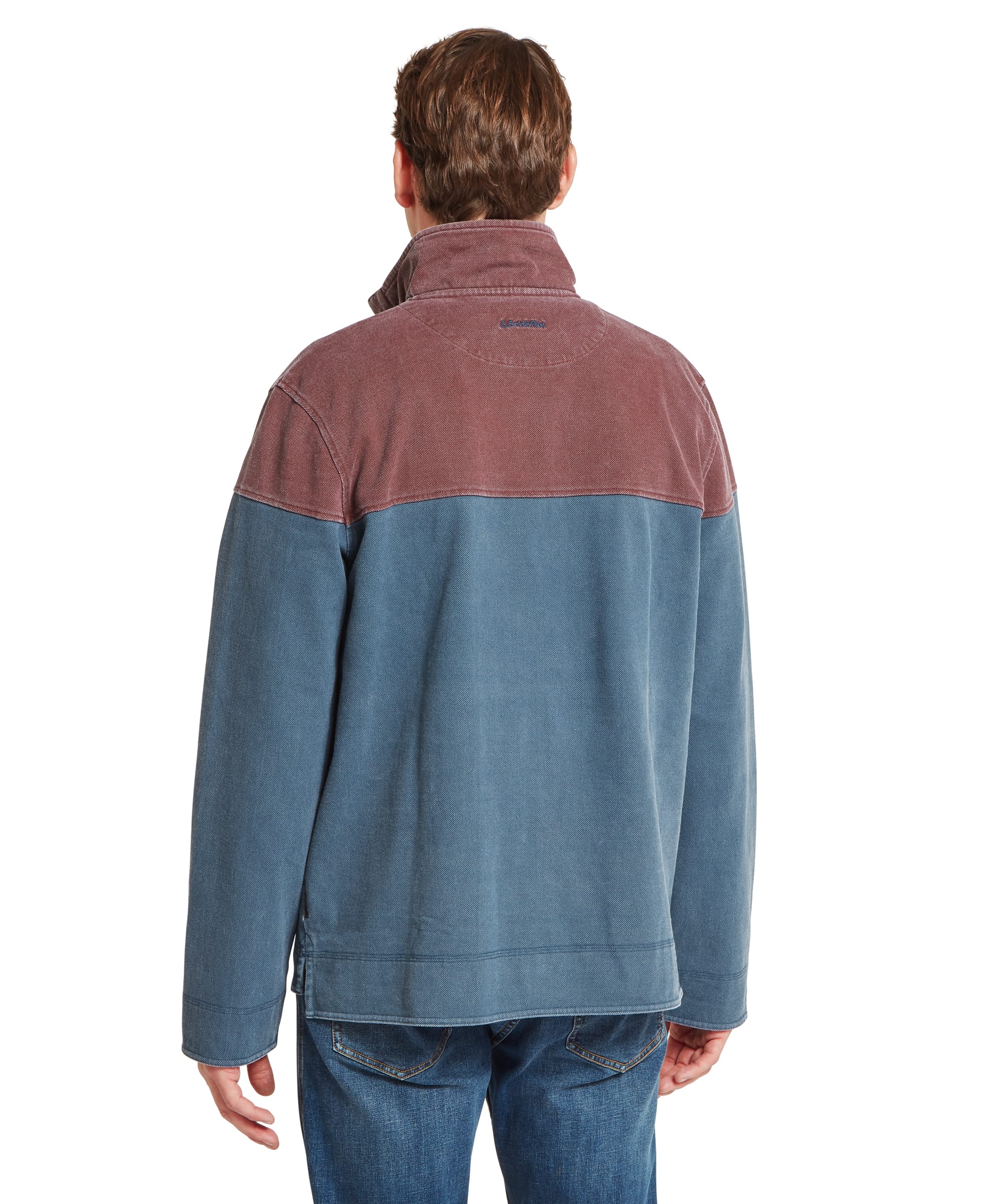 Schöffel Men's Helford Heritage Sweatshirt in red and petrol blue, rear view showing two-tone colour block construction and Schöffel embroidered logo at back neck