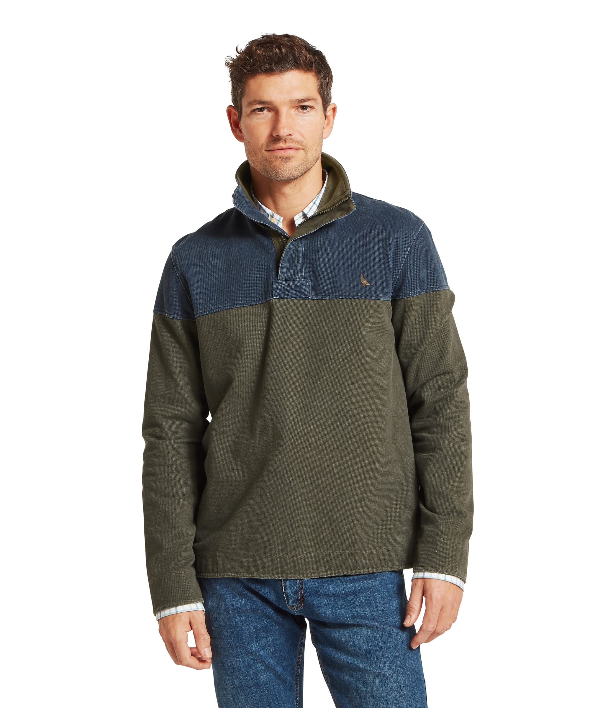 Schöffel Men's Helford Heritage Sweatshirt in green and navy worn with blue jeans and brown leather Chelsea boots, full length front view showing relaxed country fit