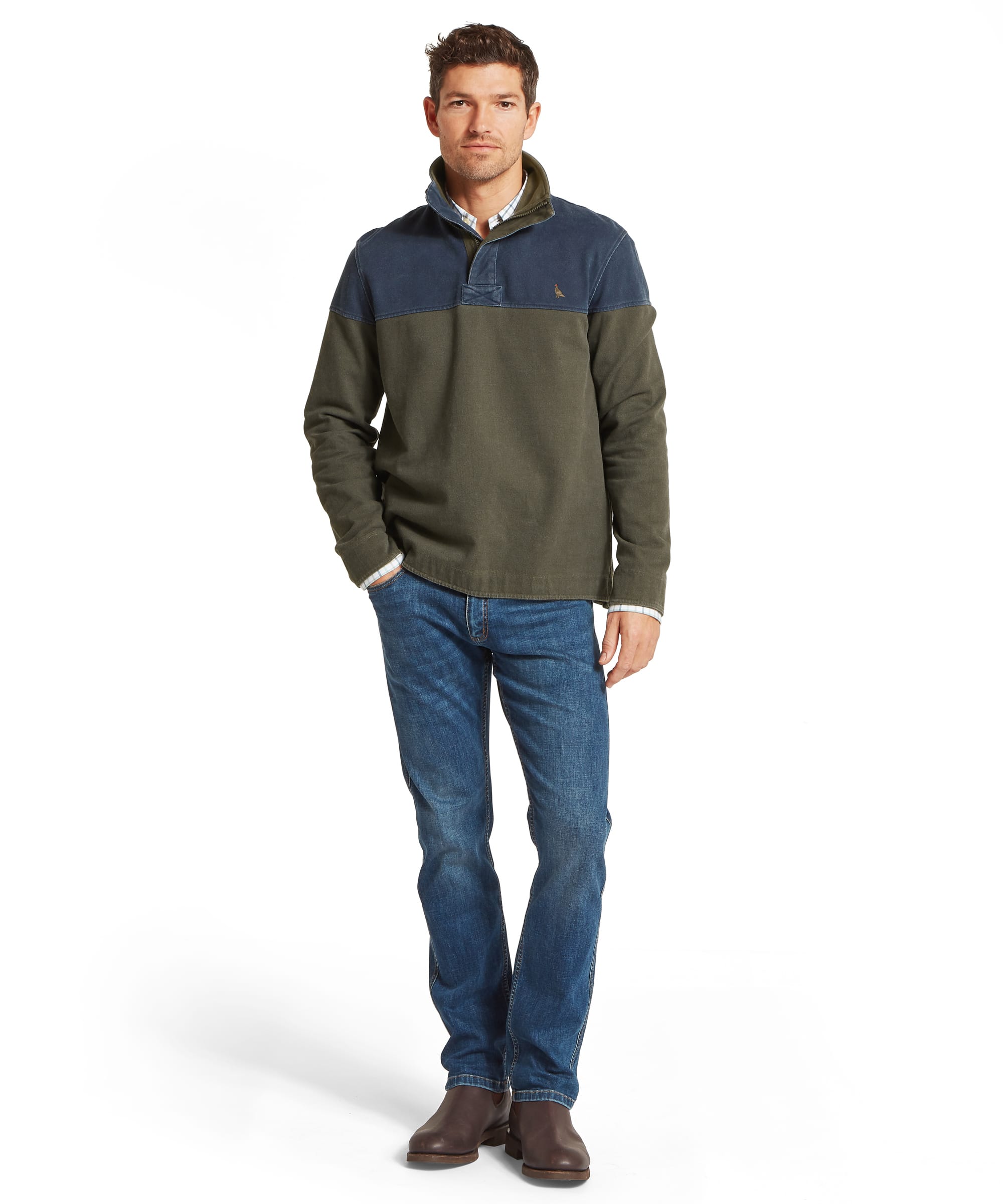 Schöffel Men's Helford Heritage Sweatshirt in green and navy, front view showing colour block design, quarter-zip neck and contrast stitching detail on heavy cotton fabric