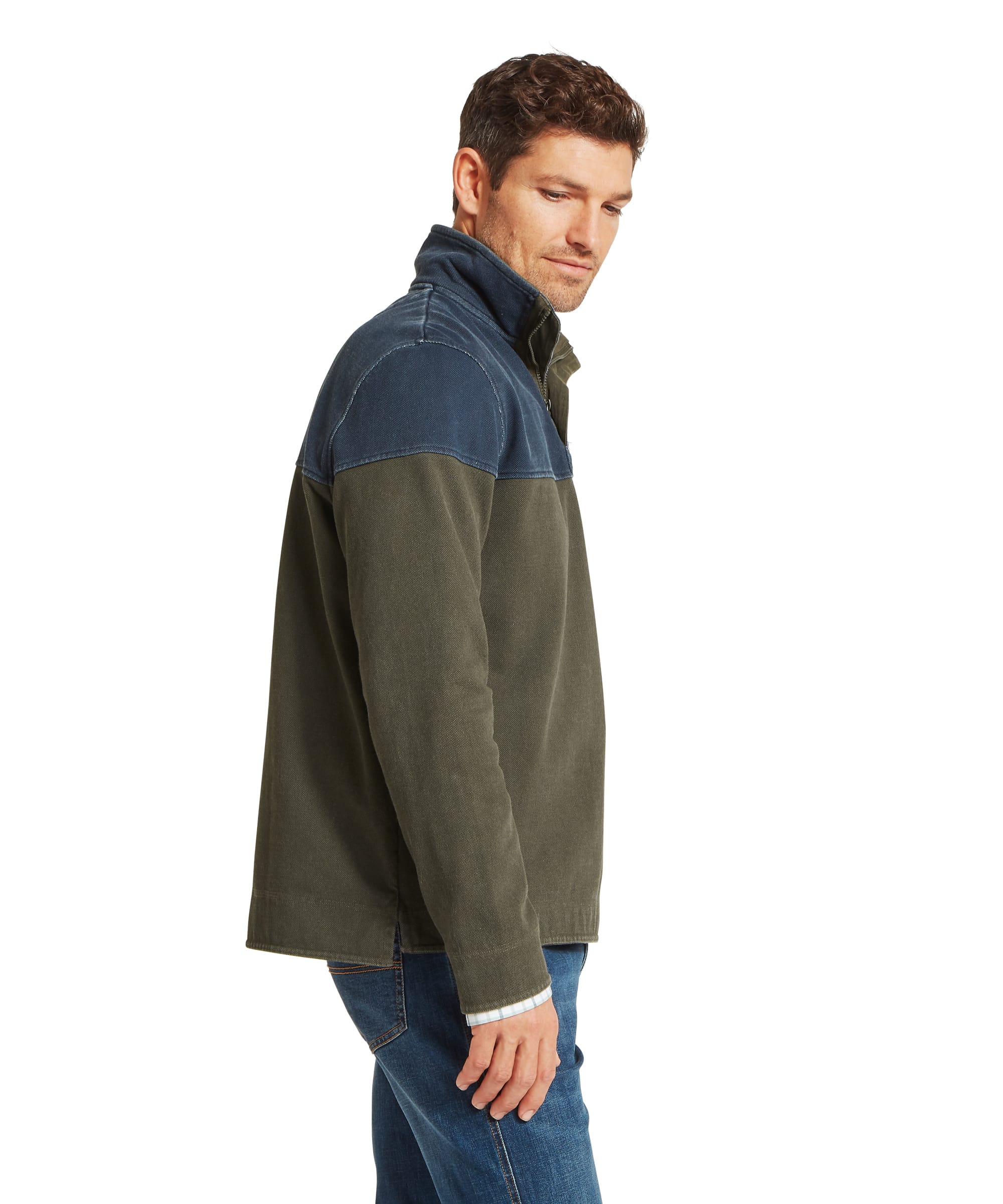 Schöffel Men's Helford Heritage Sweatshirt in green and navy, side view showing two-tone colour block design with quarter-zip neck and Schöffel pheasant logo embroidery